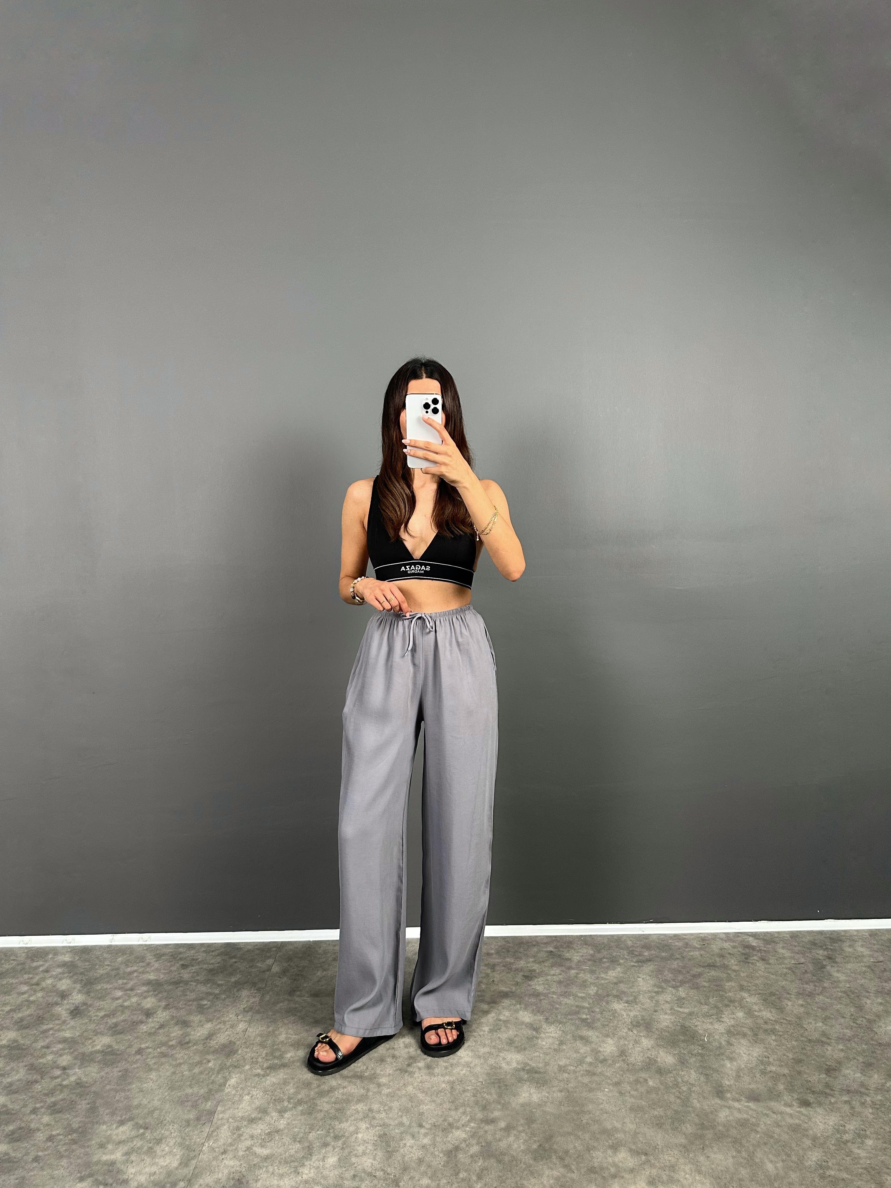 MD Gri Beli Lastikli Cepli  İthal Kumaş Rahat Dokuma Muadil Pantolon