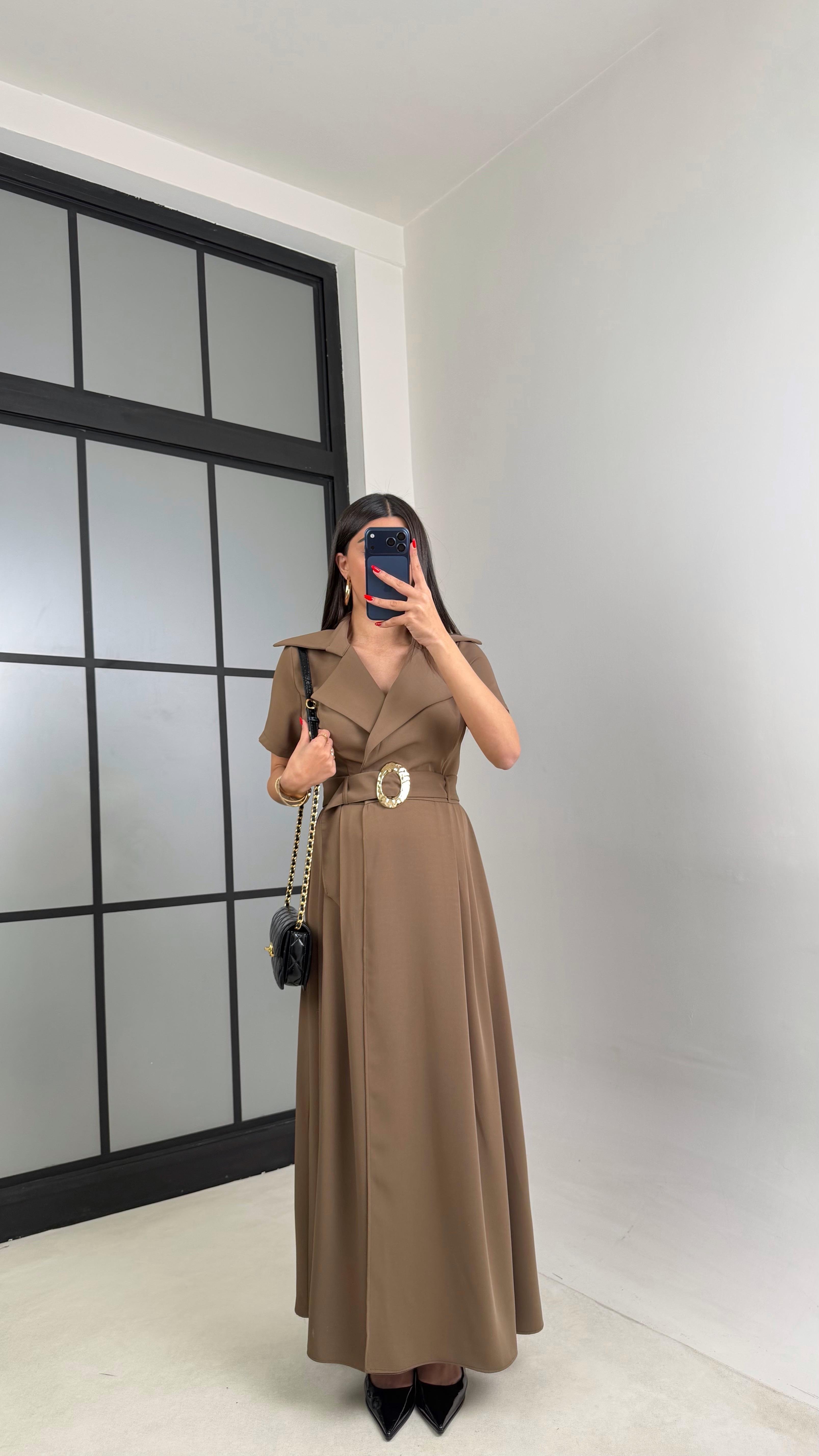 Haki Gold Toka Kuşaklı Krep Kumaş Uzun Elbise GAUS-00974GAUSDressesGAUS-00974