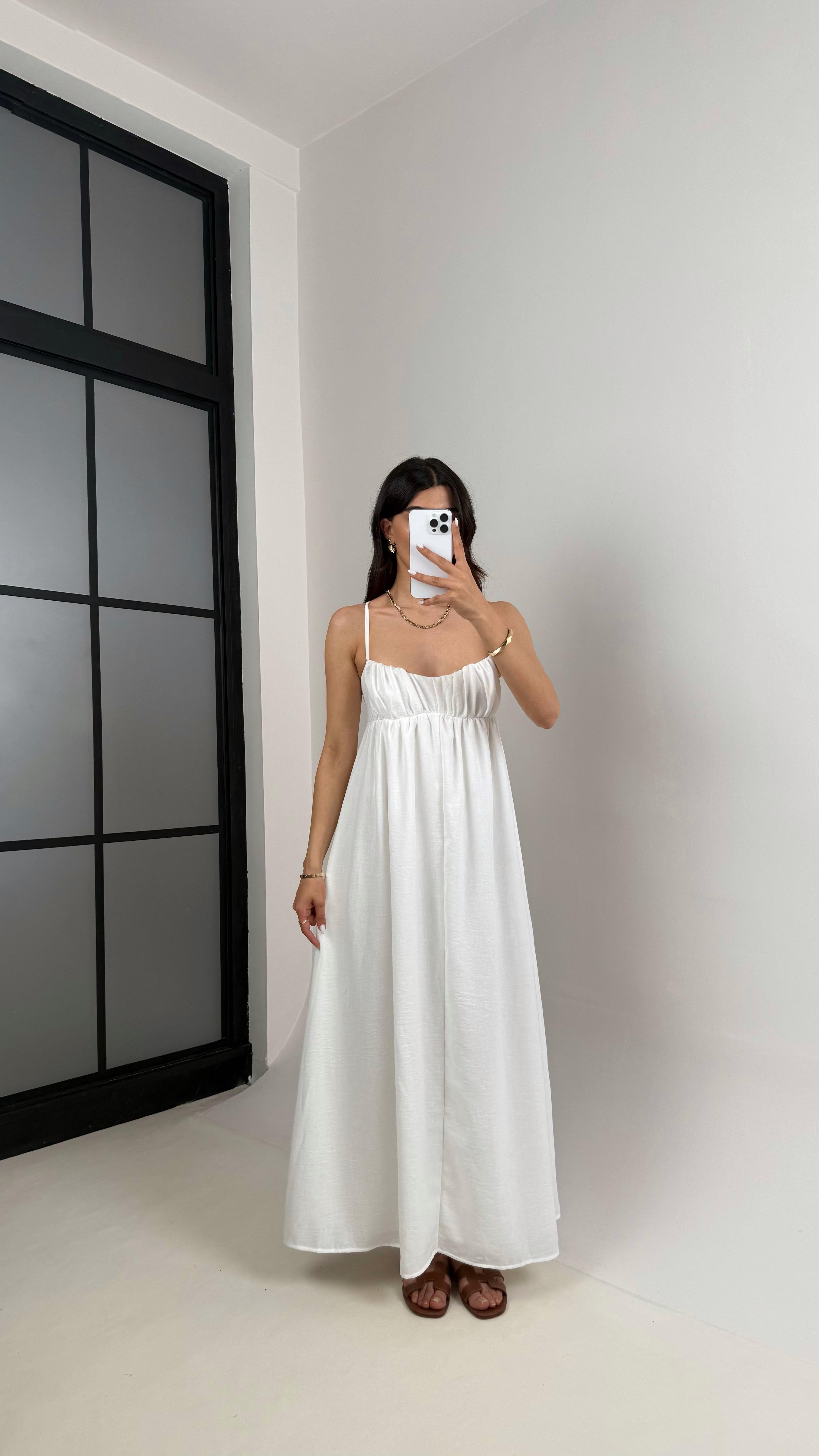 Beyaz Boyundan Bağlamalı Astarlı Keten Elbise Gaus00427GausELBİSEGU1001997