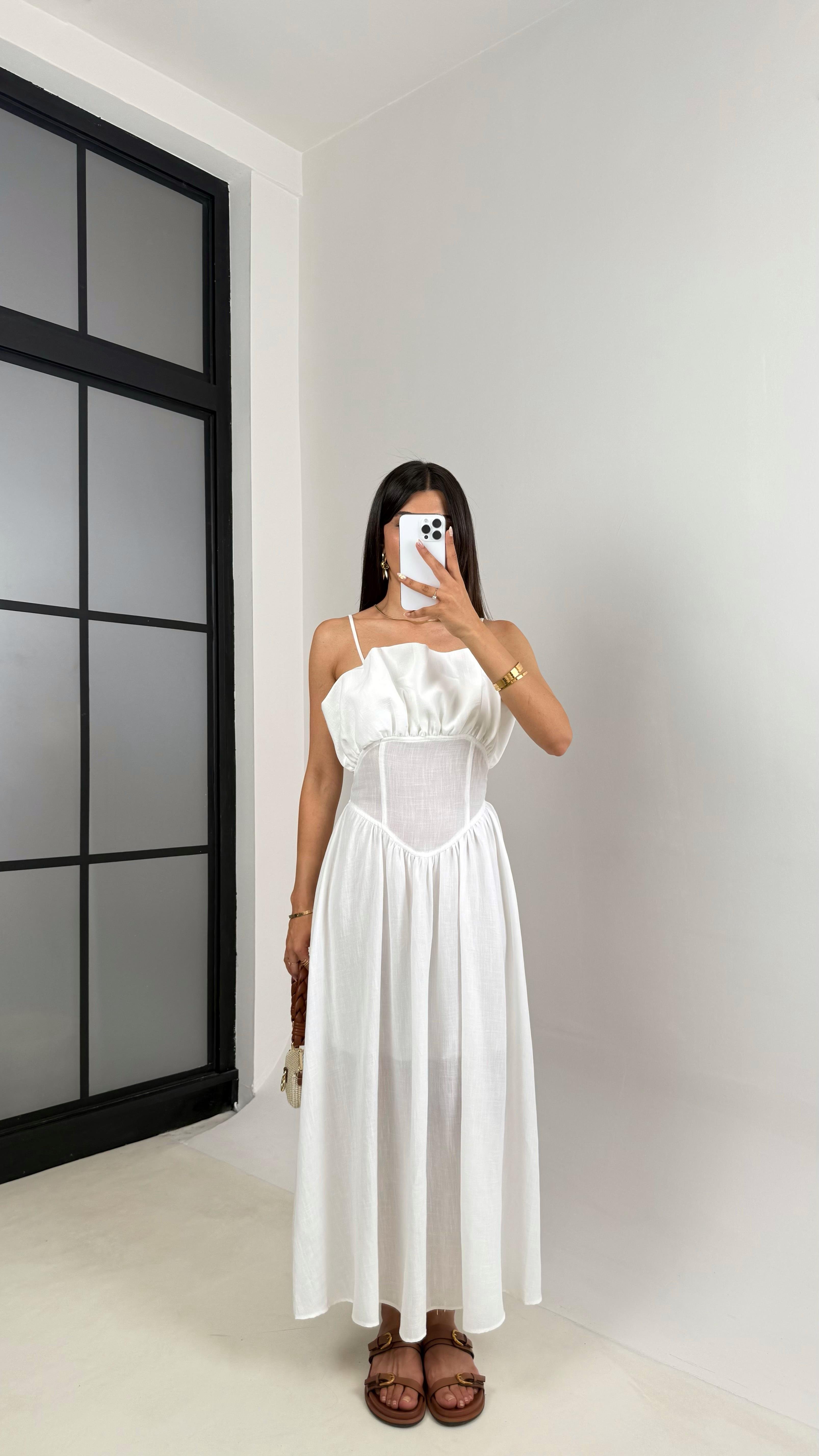 Beyaz Ayarlanabilir Askılı Korse Detaylı Astarlı Keten Elbise Gaus00640GausELBİSEGU1002491