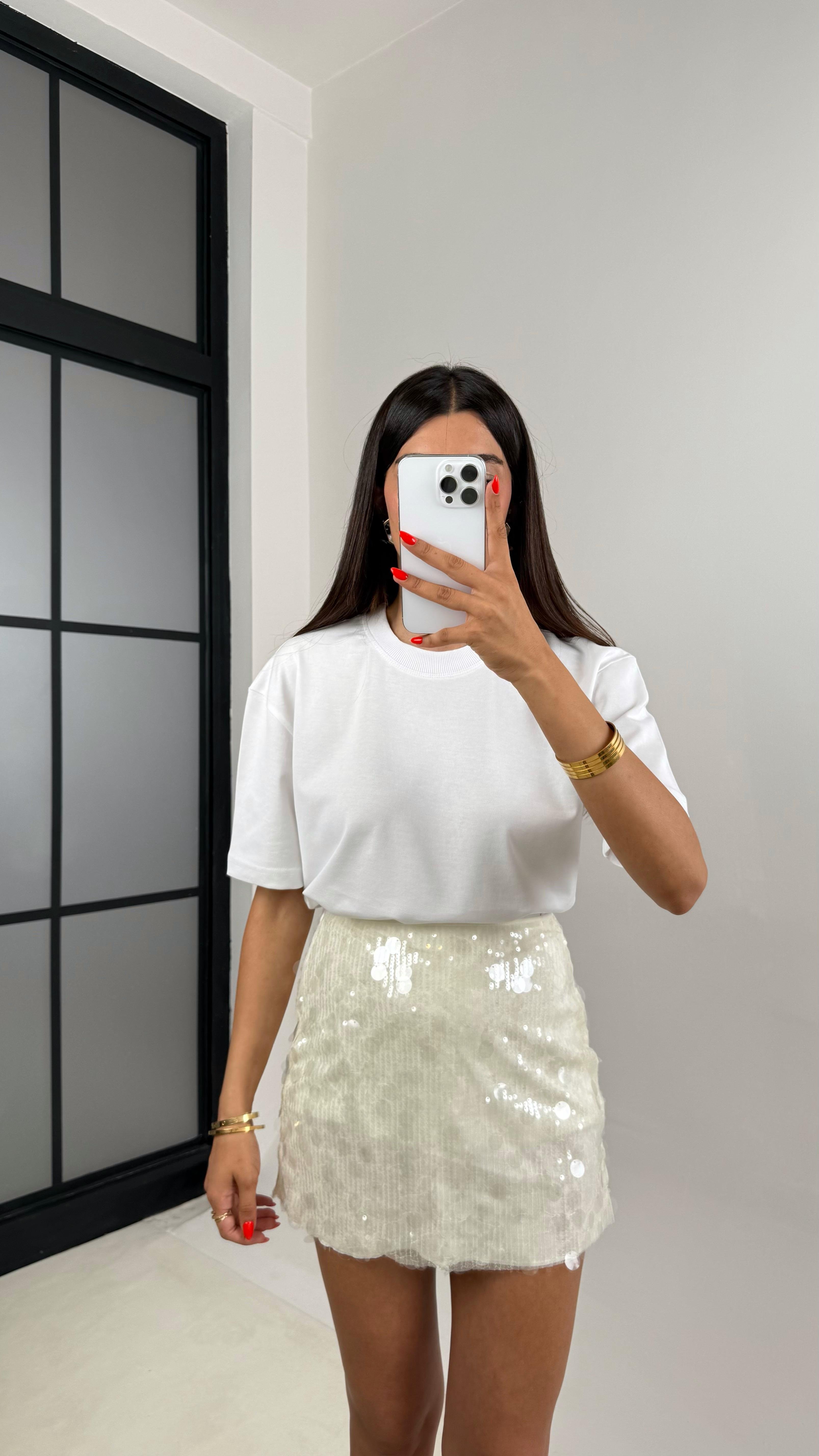 Beyaz Pul Detaylı Mini Etek Gaus00695GausETEKGU1002609