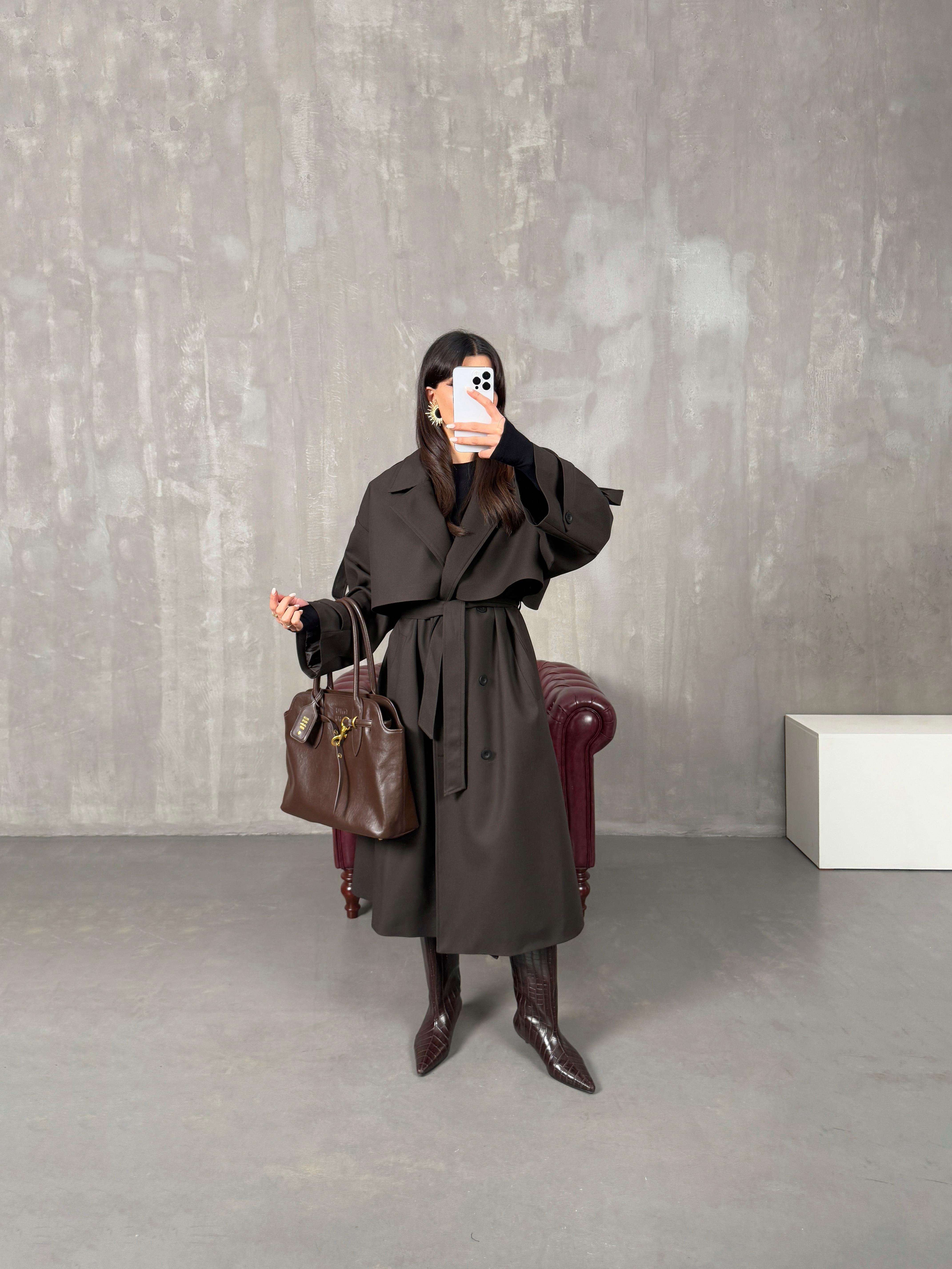 Elsa Acı Kahve Kuşaklı Poliviskon Astarlı Tasarım Premium Trençkot