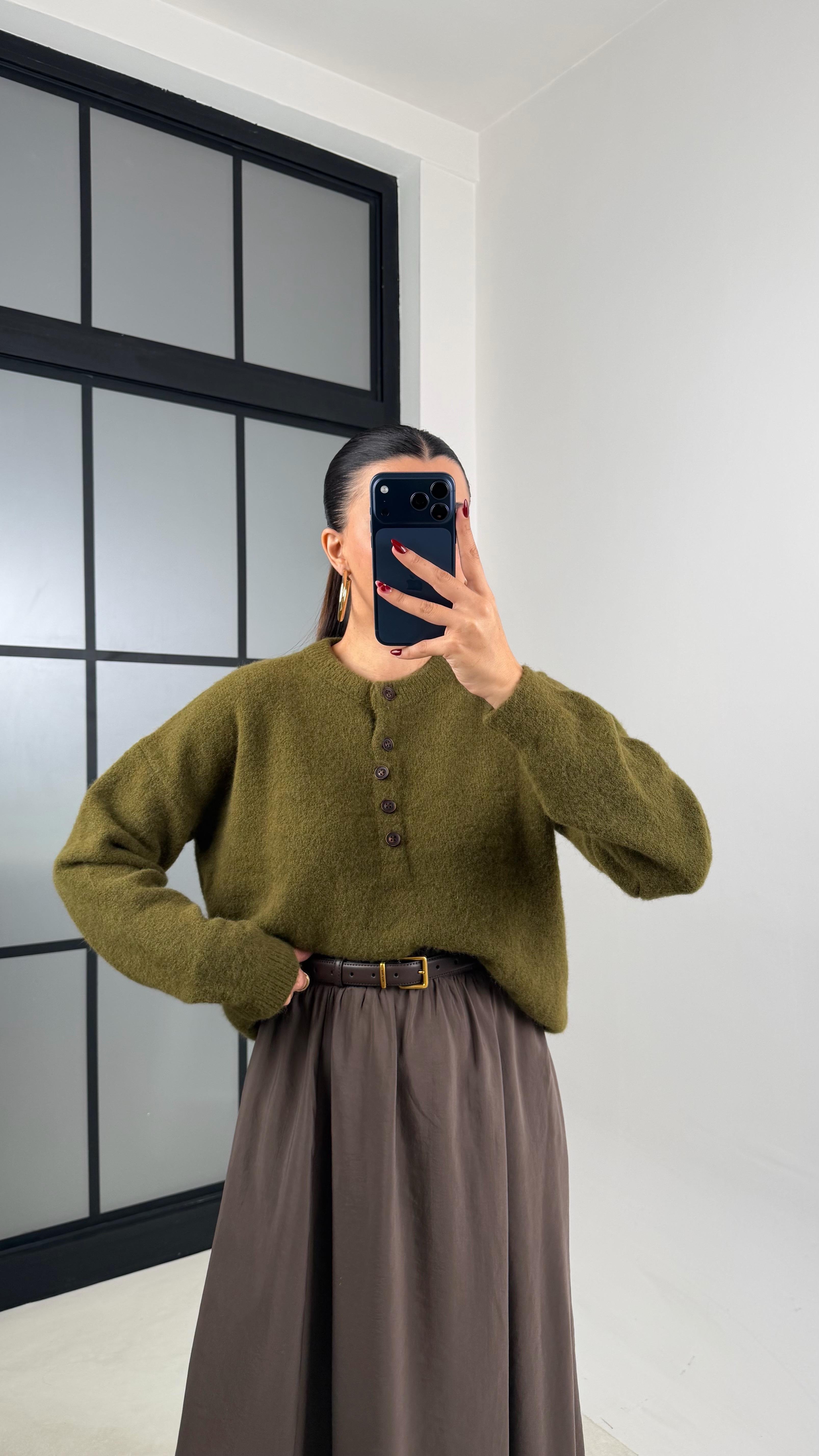 Yeşil Düğmeli Triko Kazak GAUS-00653GAUS الكنزات GAUS-00653