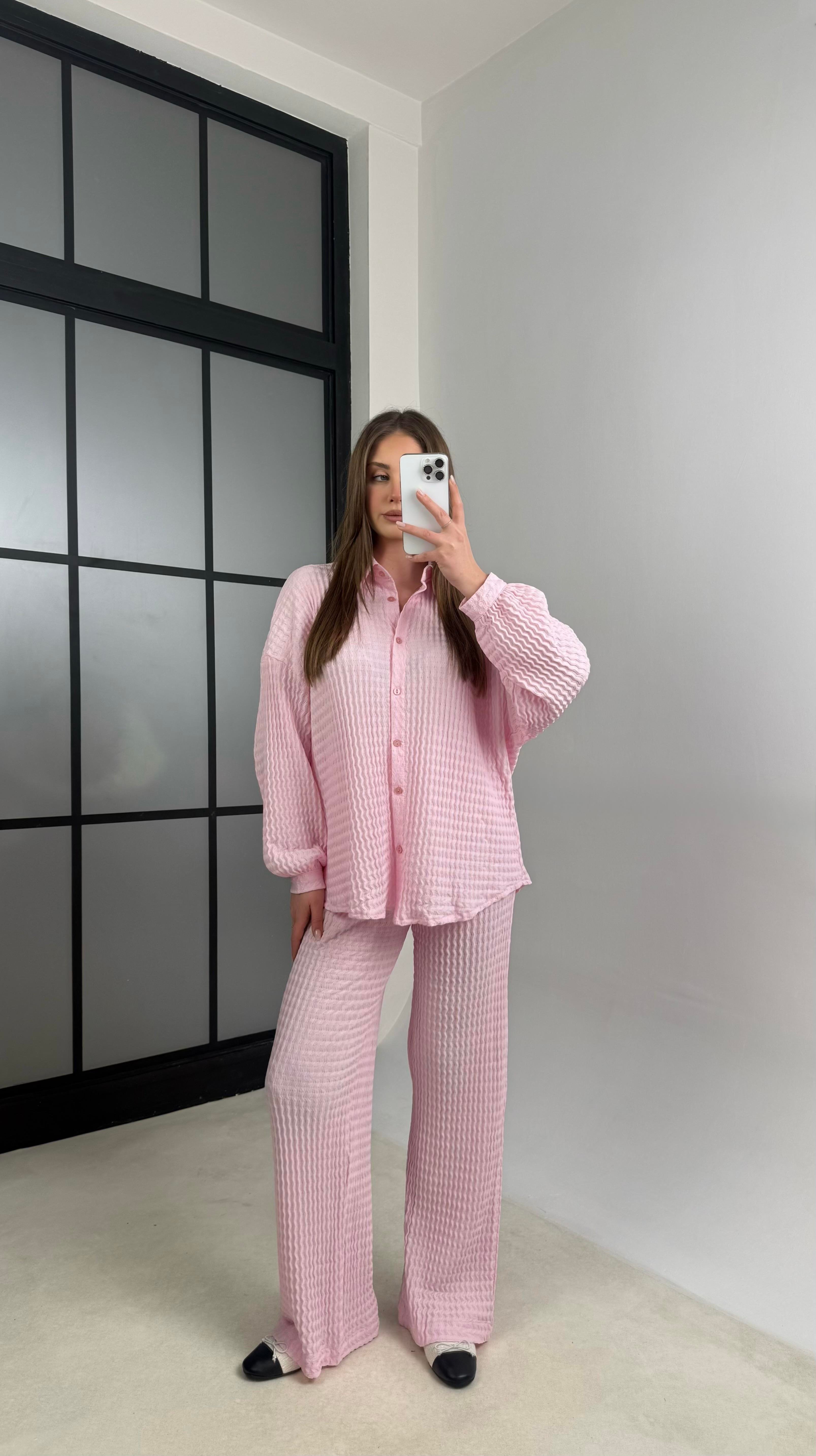 Pembe Gömlek Beli Lastikli Pantolon İkili Bürümcük Takım GAUS-01089GAUSTAKIMGAUS-01089