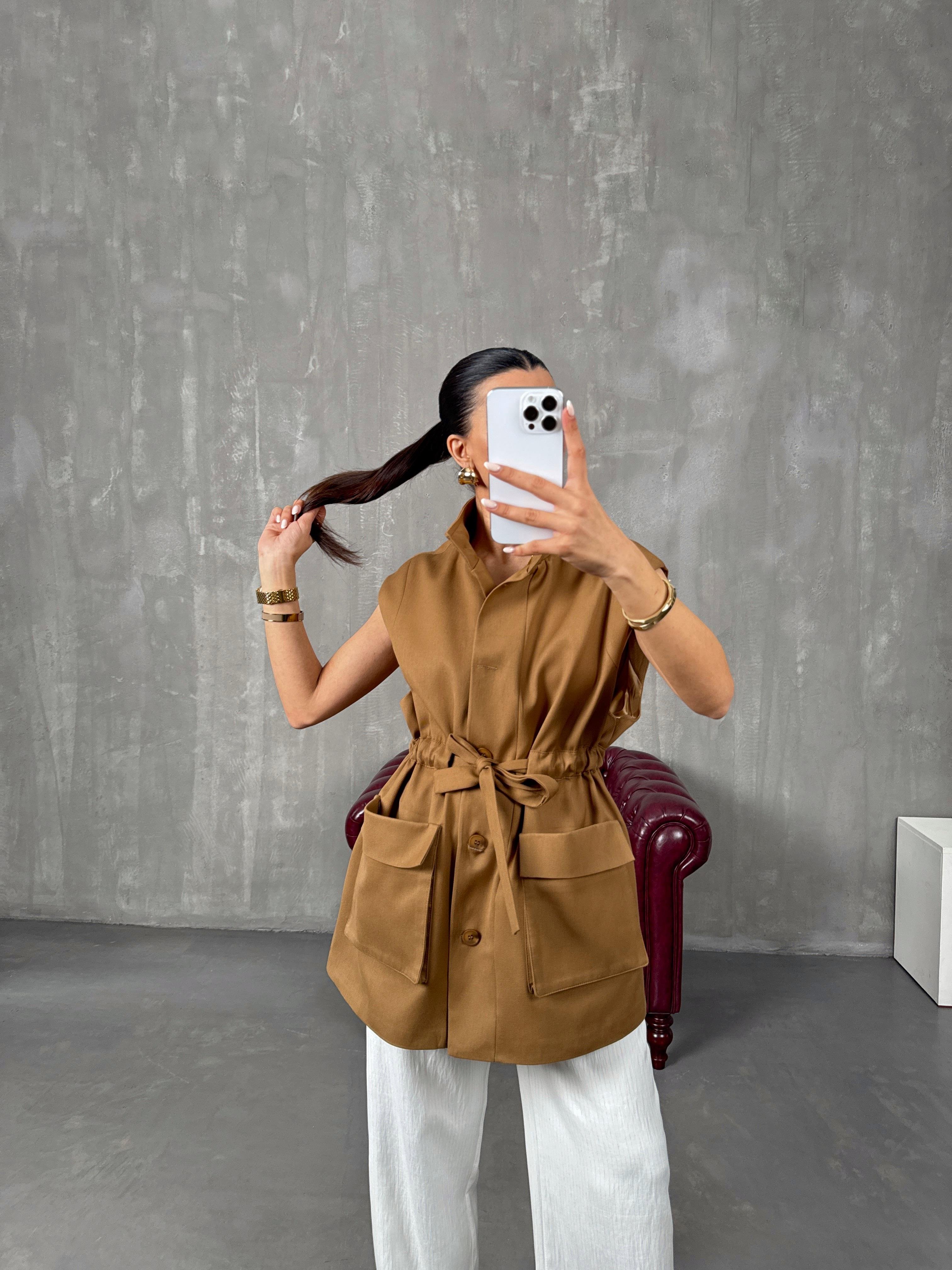 Ravi Kahve Astarlı Belden Bağlamalı Gabardin YelekGausYELEKGU100428