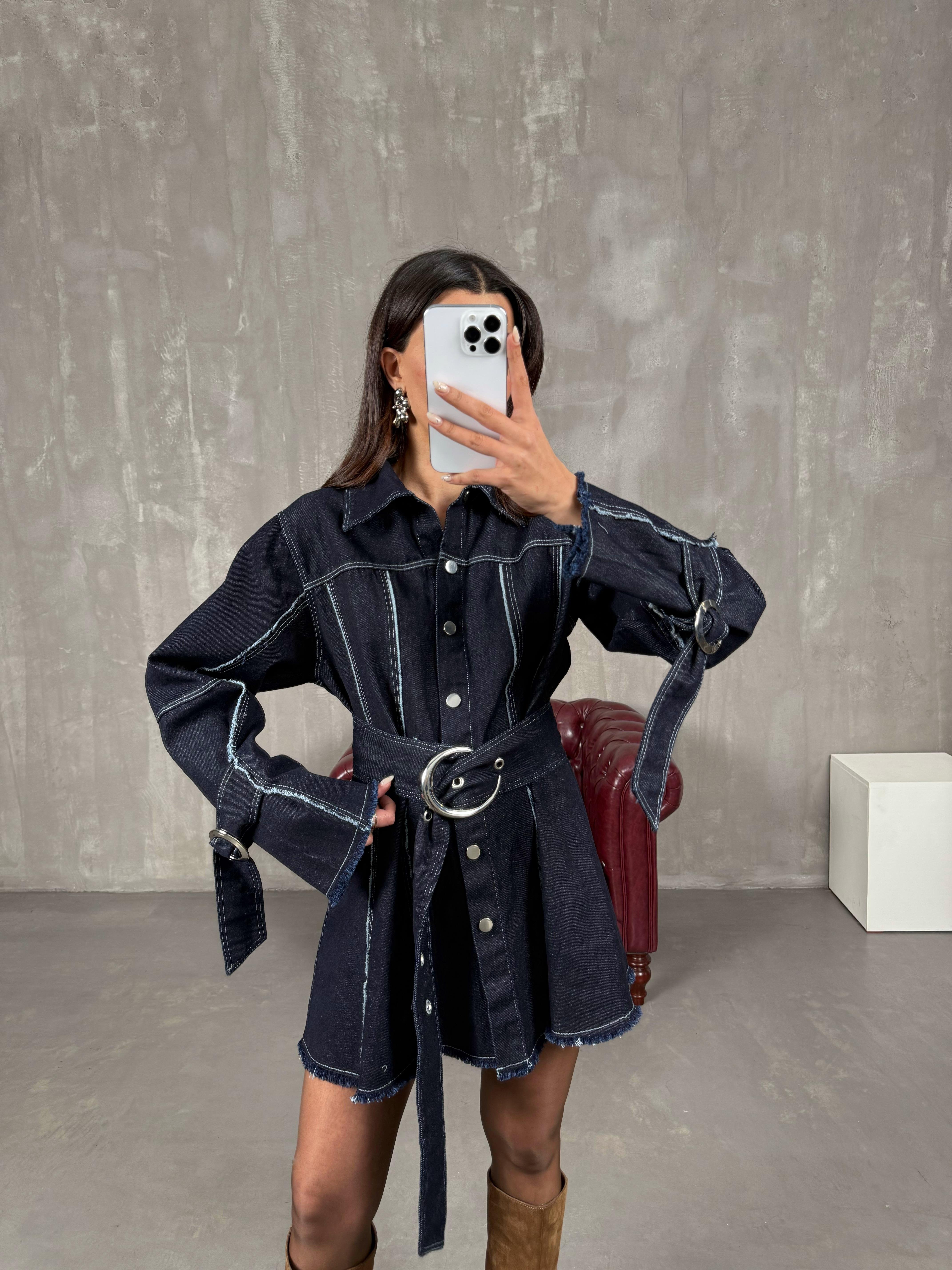 Karla Koyu Füme Kemerli Denim ElbiseGausELBİSEGU100801