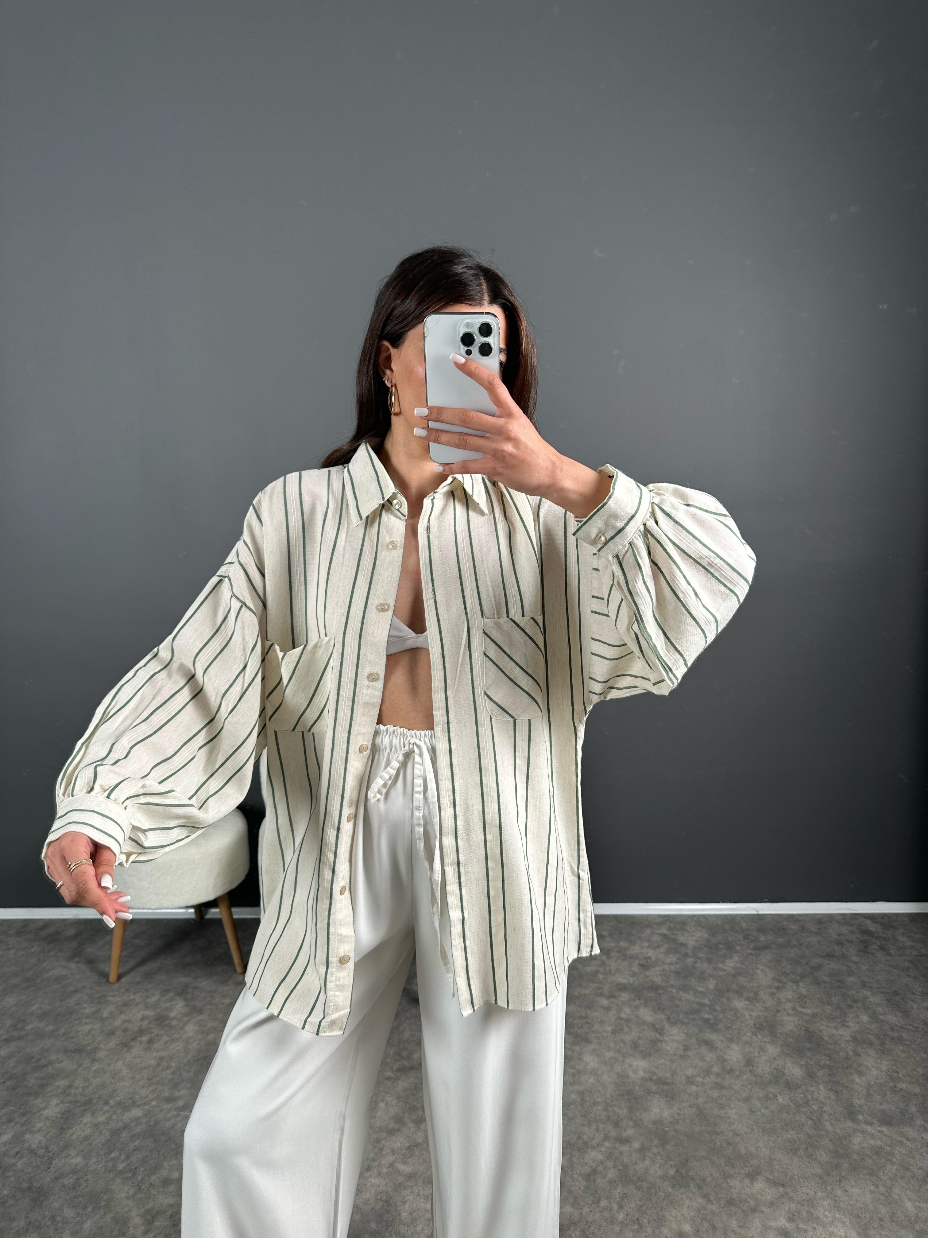 Yeşil Çizgili Keten Oversize Gömlek