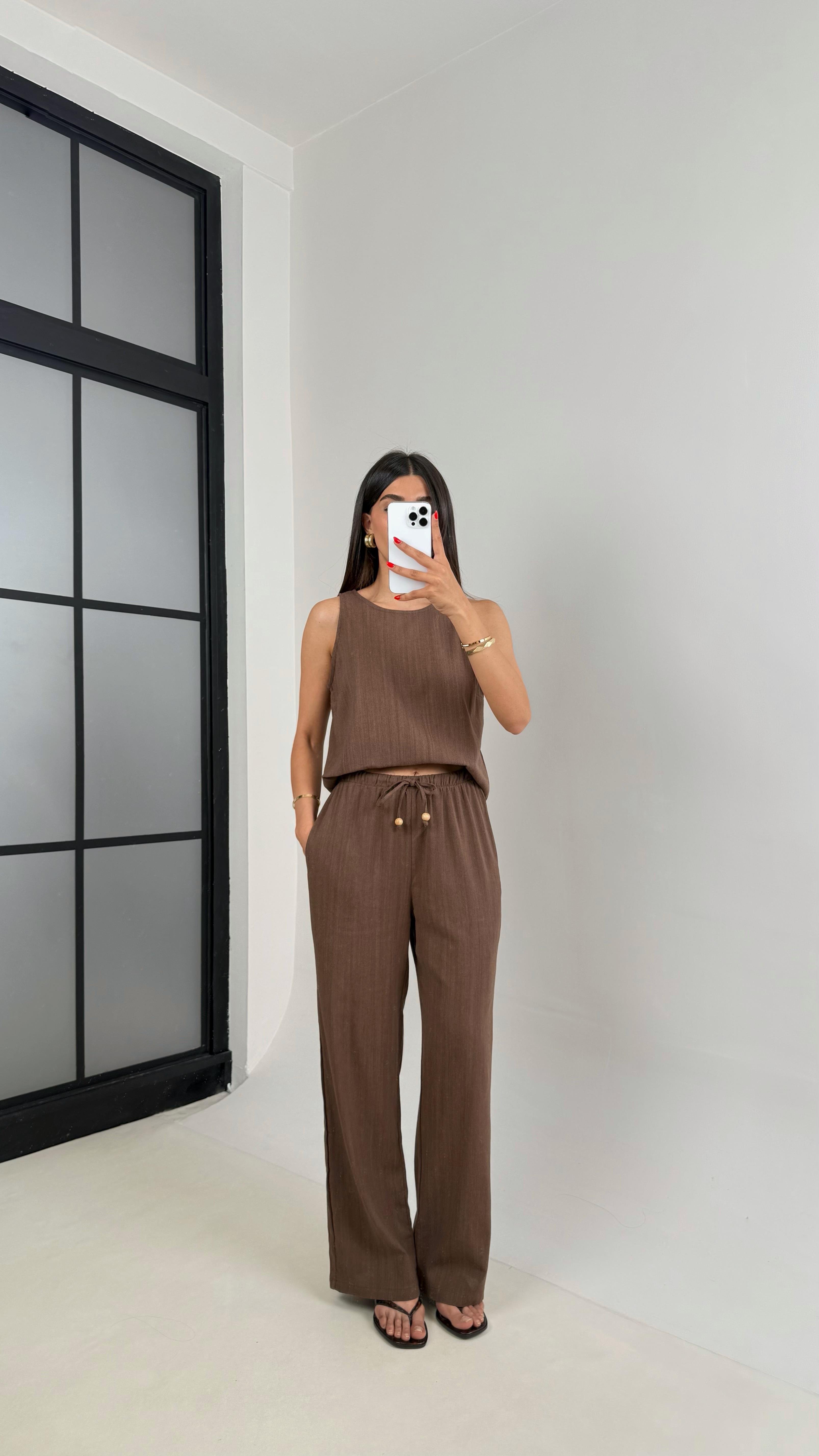 Kahve Sıfır Kol Bluz Beli Lastikli Pantolon Md Muadil Keten Takım Gaus00495 GausTAKIMGU1002161