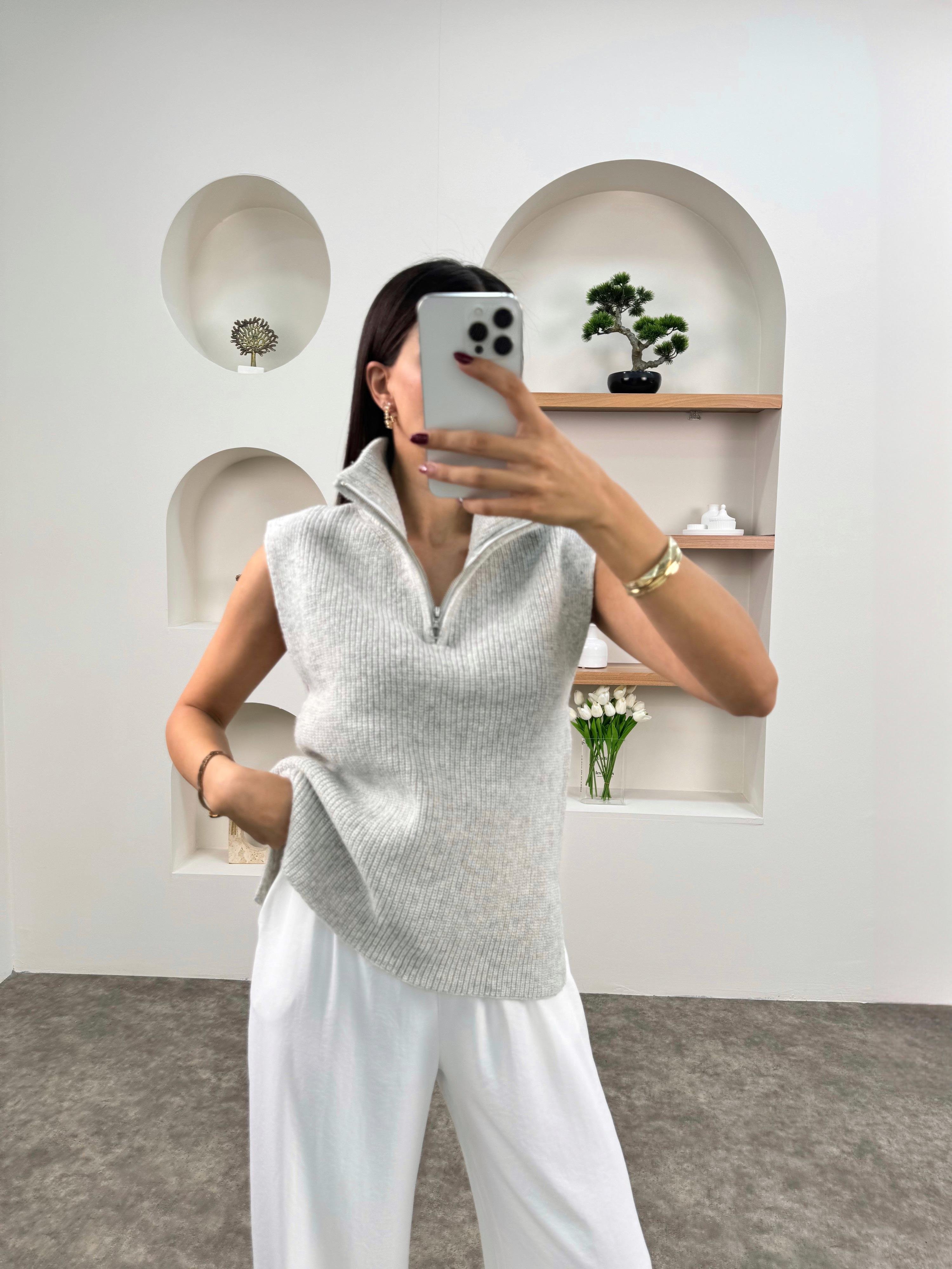 SHG Gri Fermuarlı Triko SüveterGausYELEKGU00903490