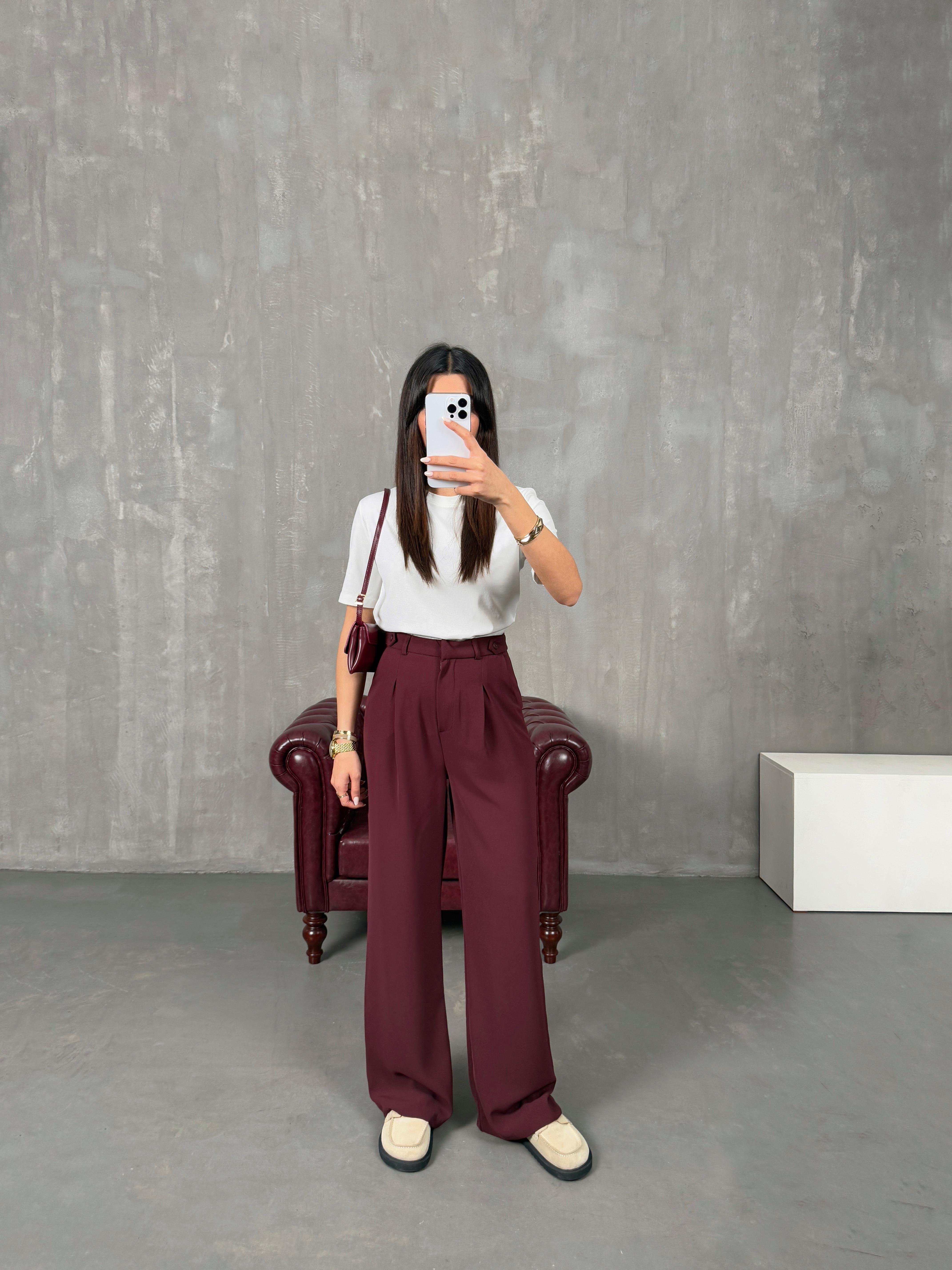 Layra Bordo Yandan Düğme Detaylı Kumaş Pantolon