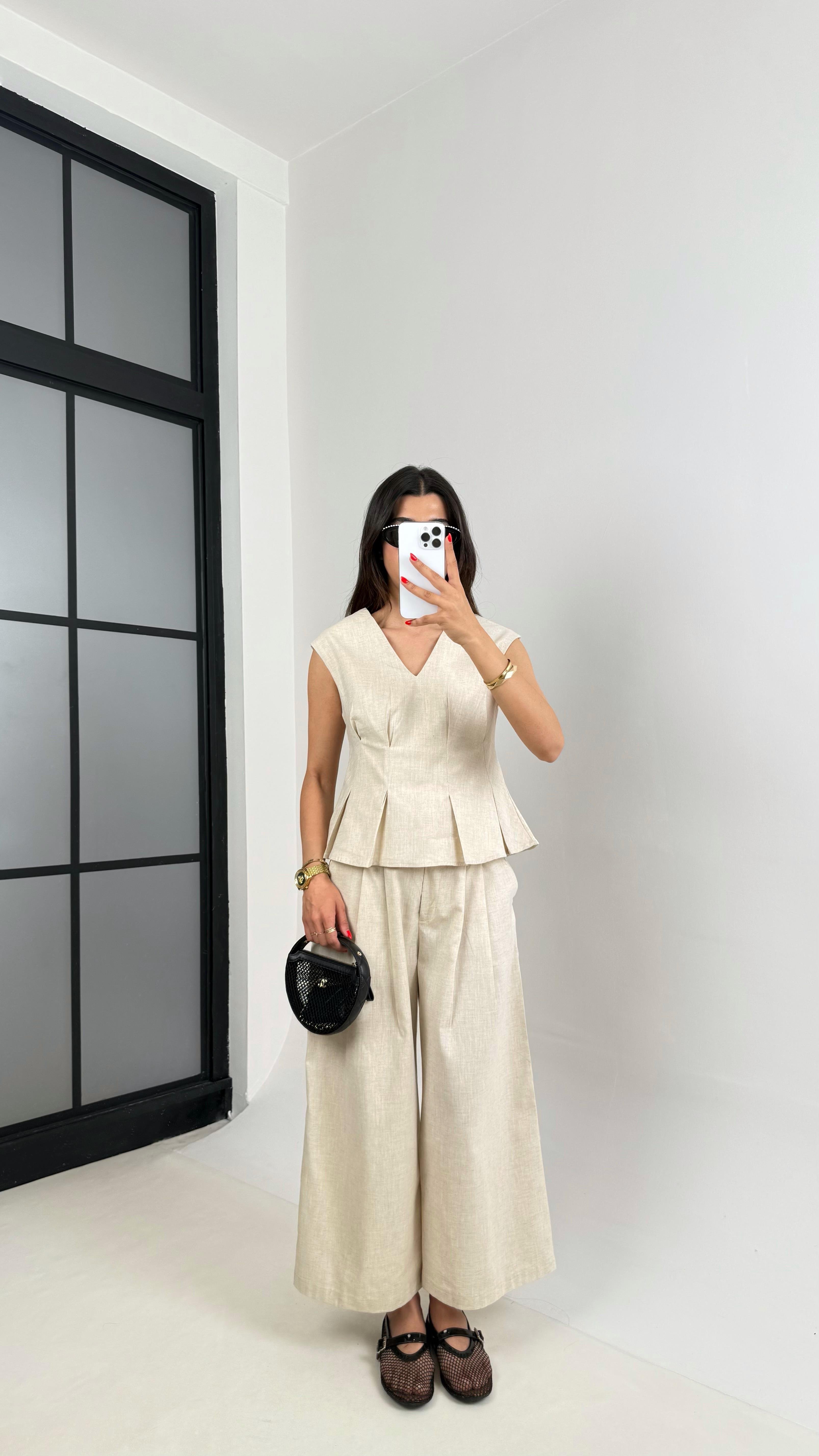 Taş V Yaka Bluz Cepli Pantolon % 100 Ham Keten Takım Gaus00483 GausTAKIMGU1002131