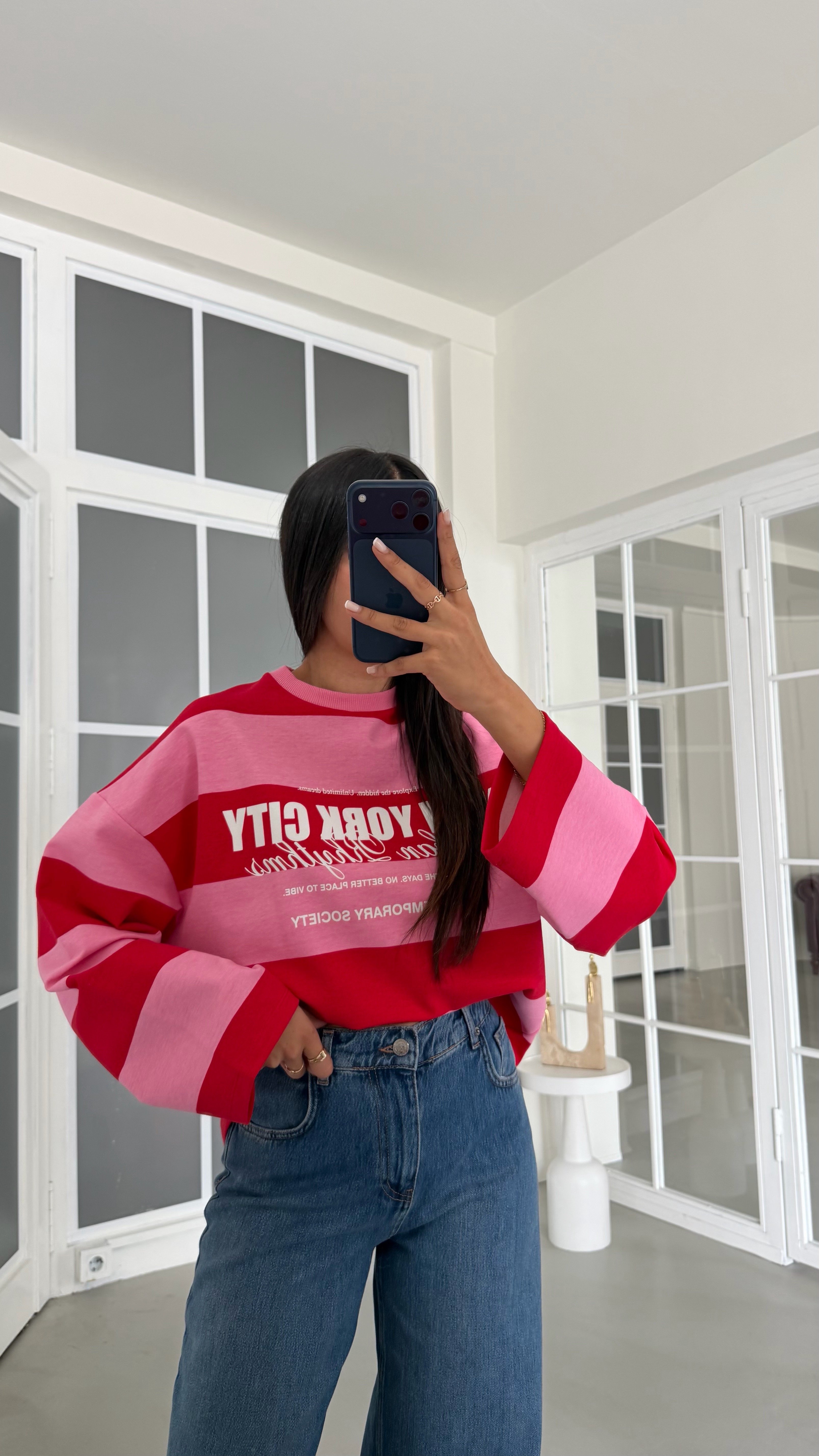 Pembe Şeritlı Baskılı Sweatshirt GAUS-02121 GAUS-02198GAUSSweatshirtGAUS-02198