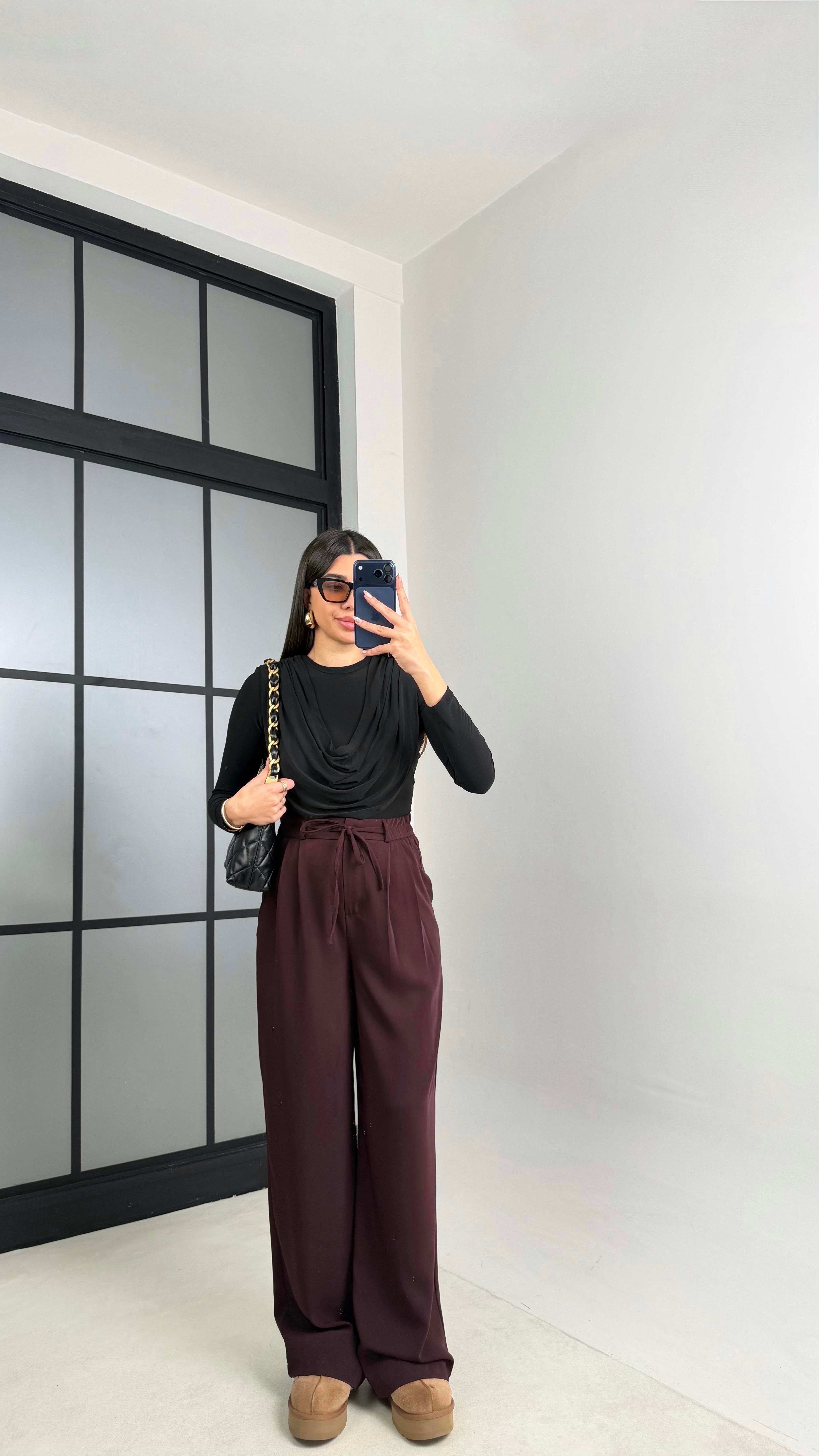 Mürdüm Beli Lastikli Kuşaklı İthal Kumaş Pantolon GAUS-00869GAUSPANTOLONGAUS-00869