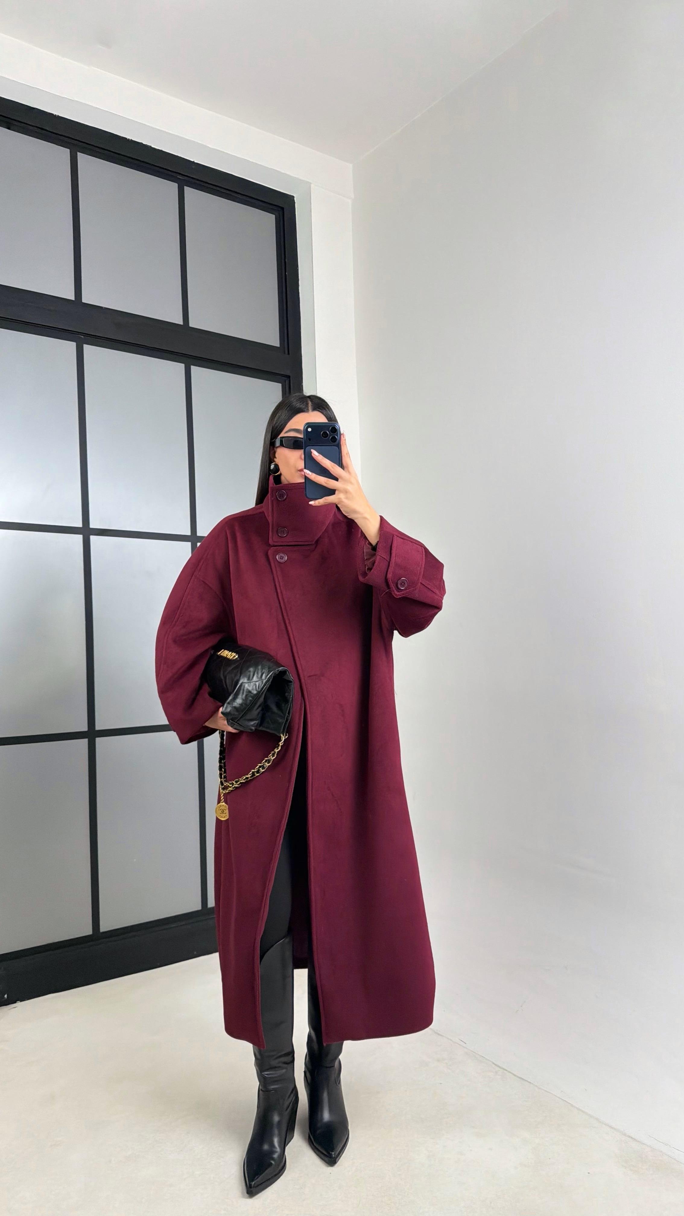 Mürdüm Dik Yaka Astarlı Kaban GAUS-00846GAUSKABANGAUS-00846