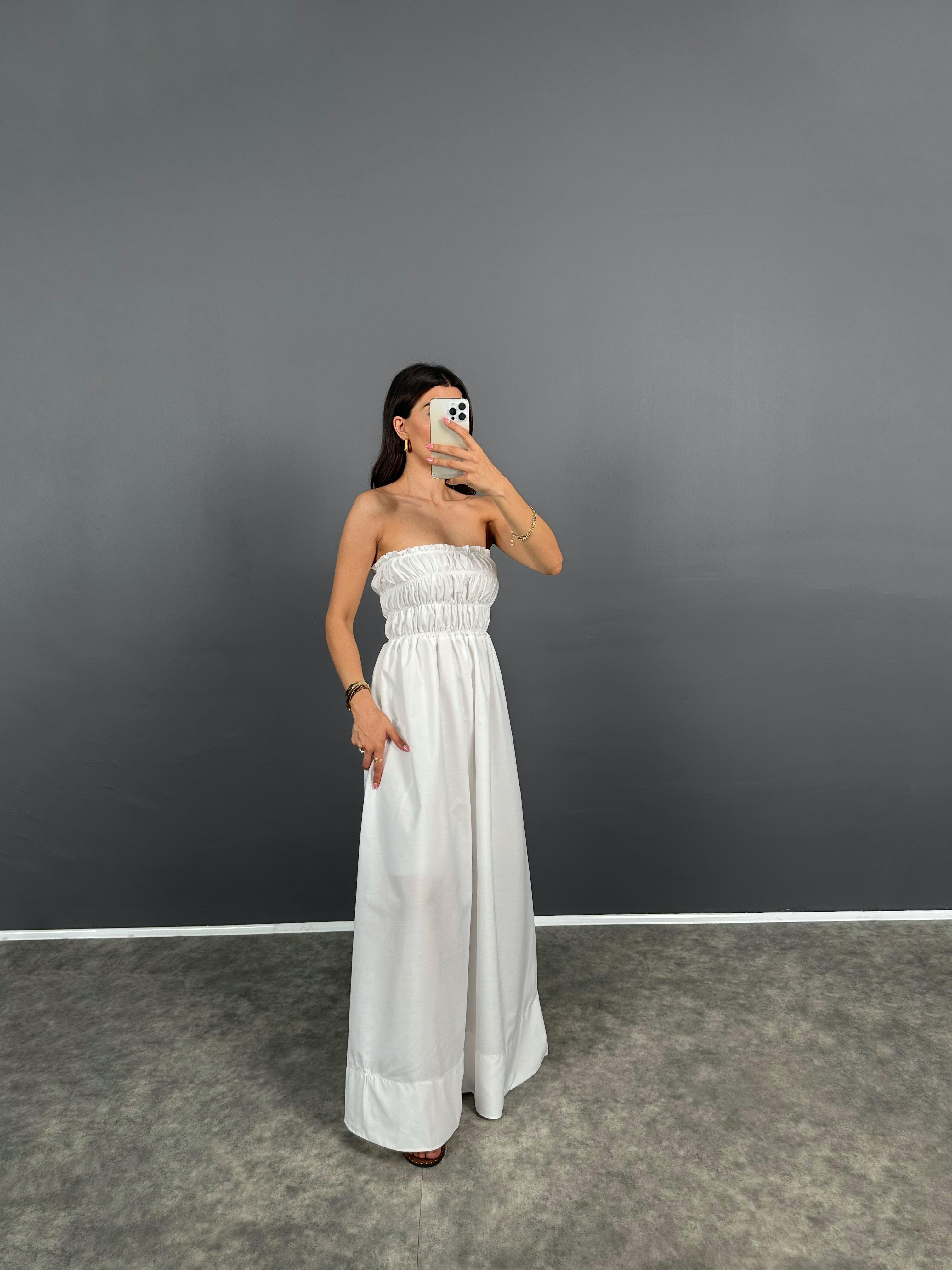 Chi Beyaz Straplez Önü Lastikli Poplin ElbiseGausELBİSEGU008598