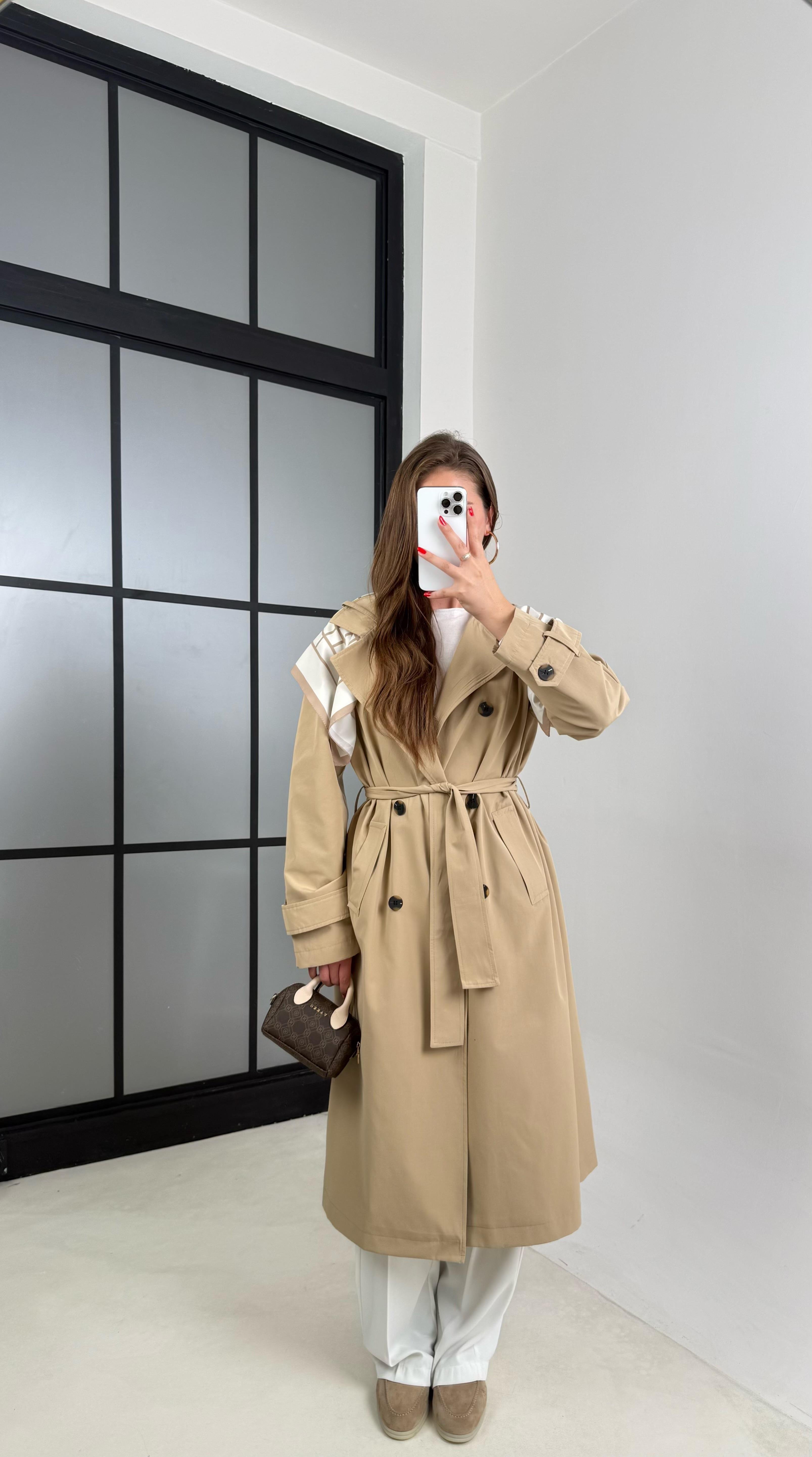 Camel Fular Detaylı Kuşaklı Tasarım Trençkot GAUS-00515GAUSTRENÇKOTGAUS-00515