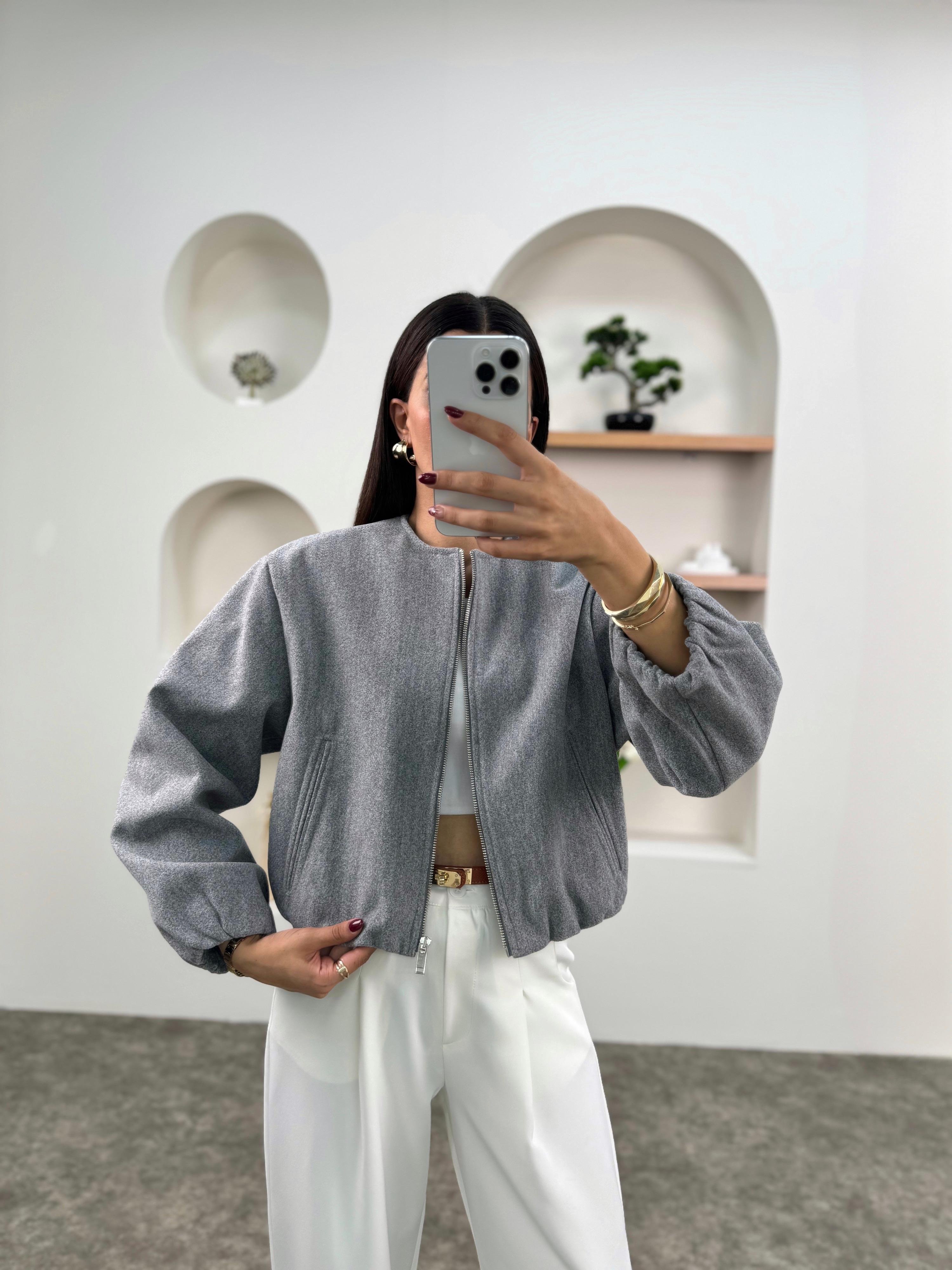 Yotis Gri Astarlı Kaşe Bomber Ceket