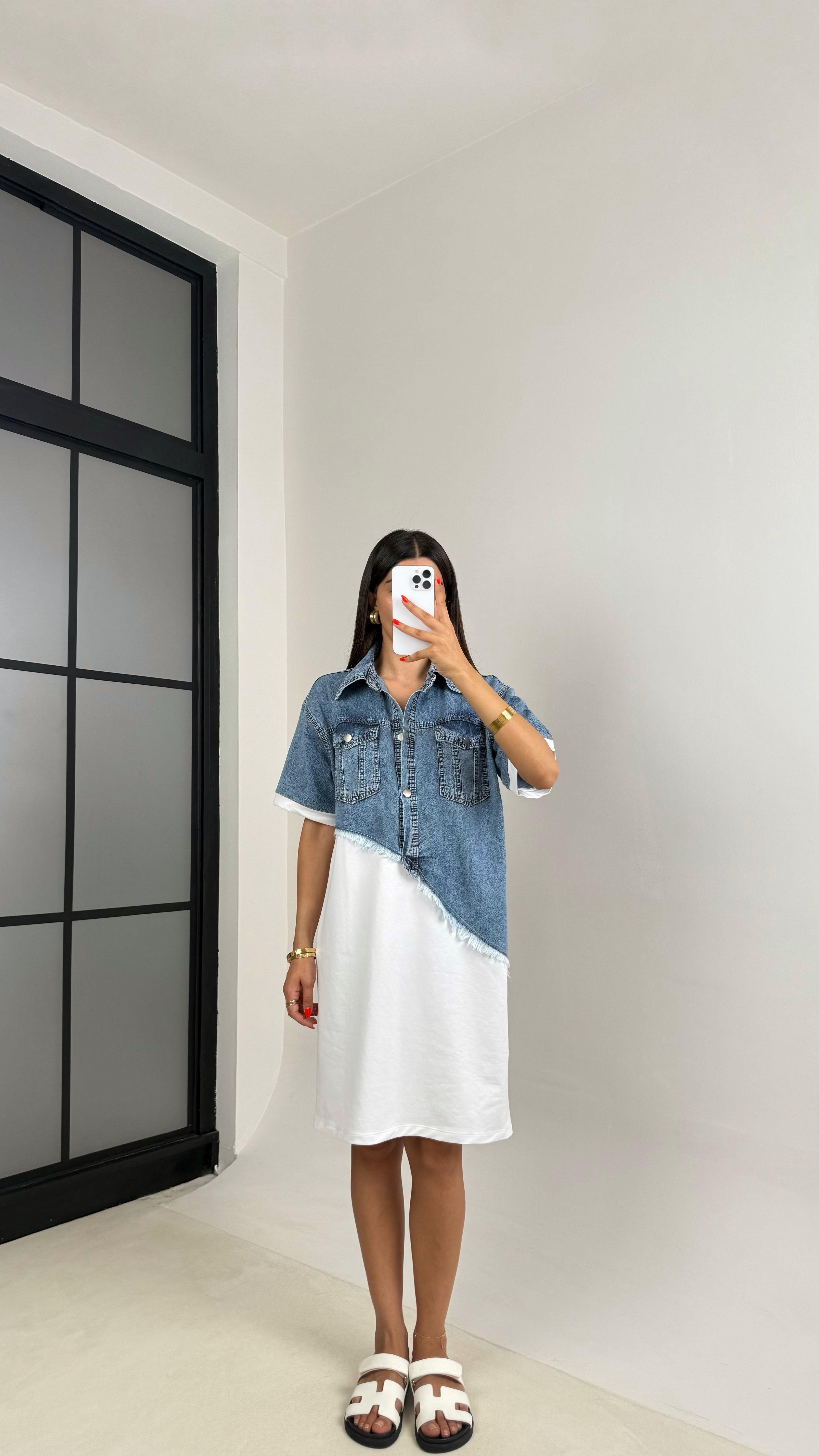 Beyaz-Mavi Önü Düğmeli Denim Üst Bloklu Elbise GAUS-0038GAUSELBİSEGAUS-0038