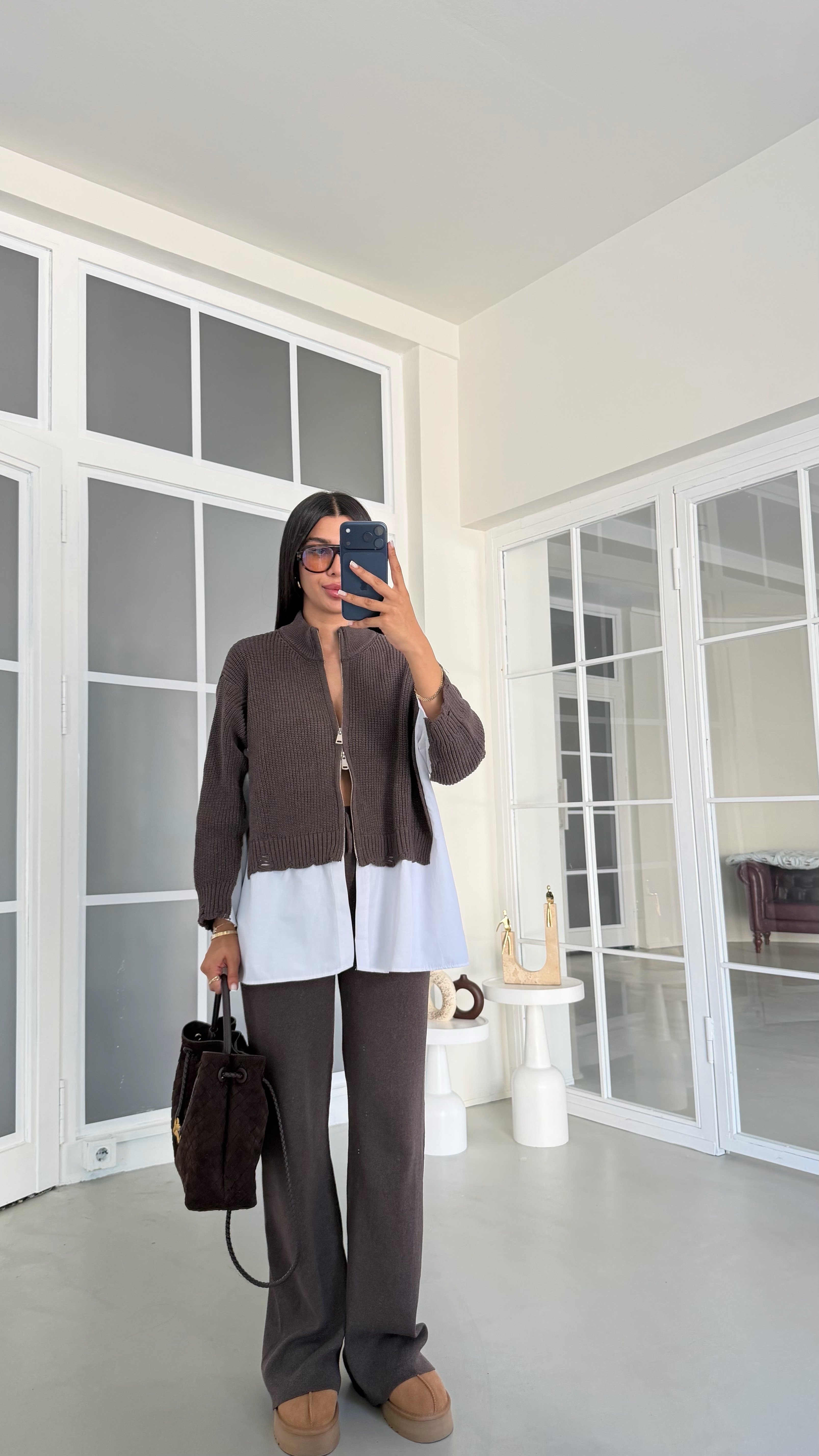 Kahve Gömlek Detaylı Örme Hırka Beli Lastikli Cepli Pantolon İkili Triko Takım GAUS-02132GAUSSuitsGAUS-02132