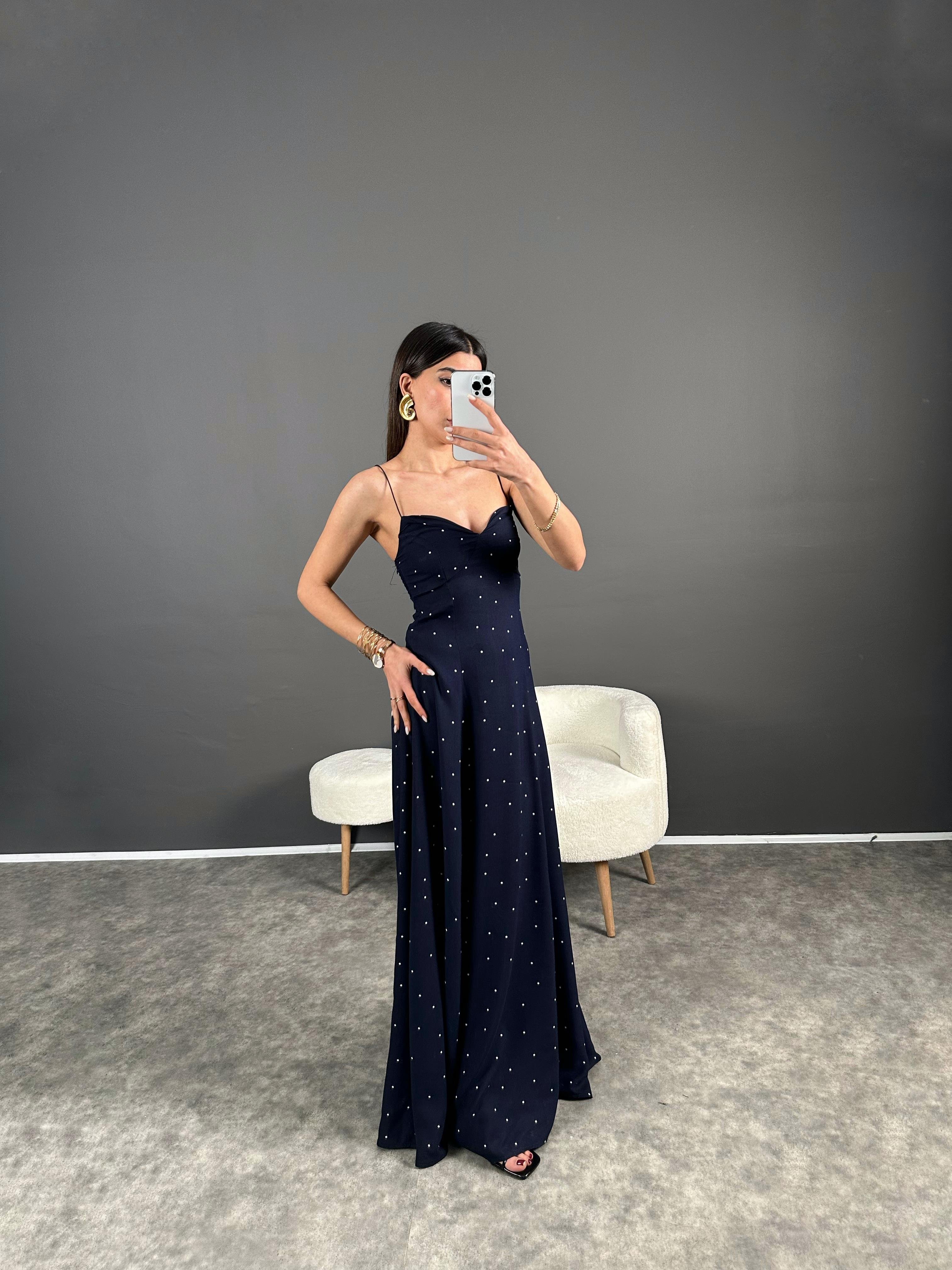 Lacivert İp Askılı İspanyol Uzun Elbise GausELBİSEGU004561