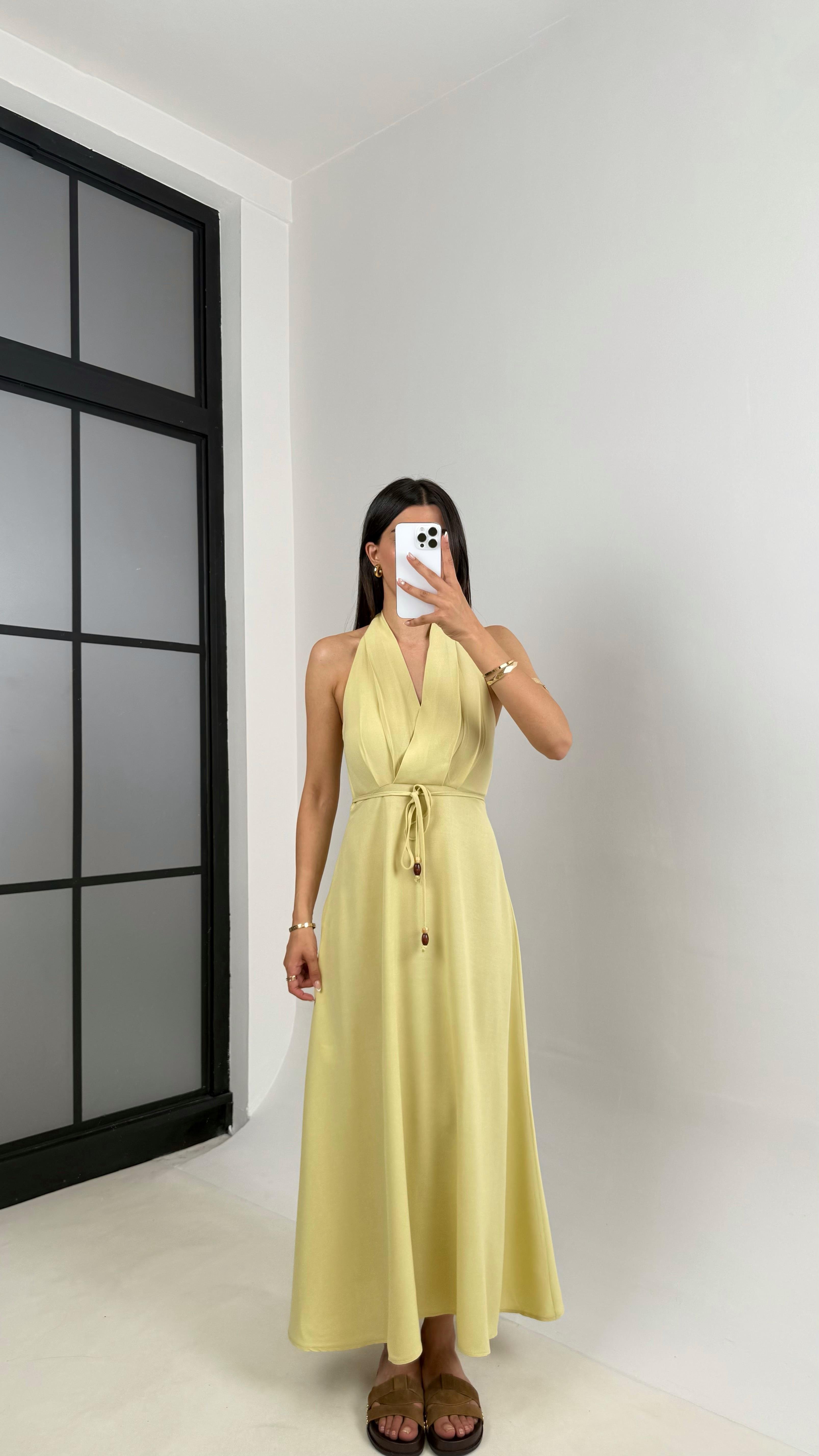 Sarı V Yaka Kuşaklı Boyundan Askılı Keten Elbise Gaus00541GausELBİSEGU1002257