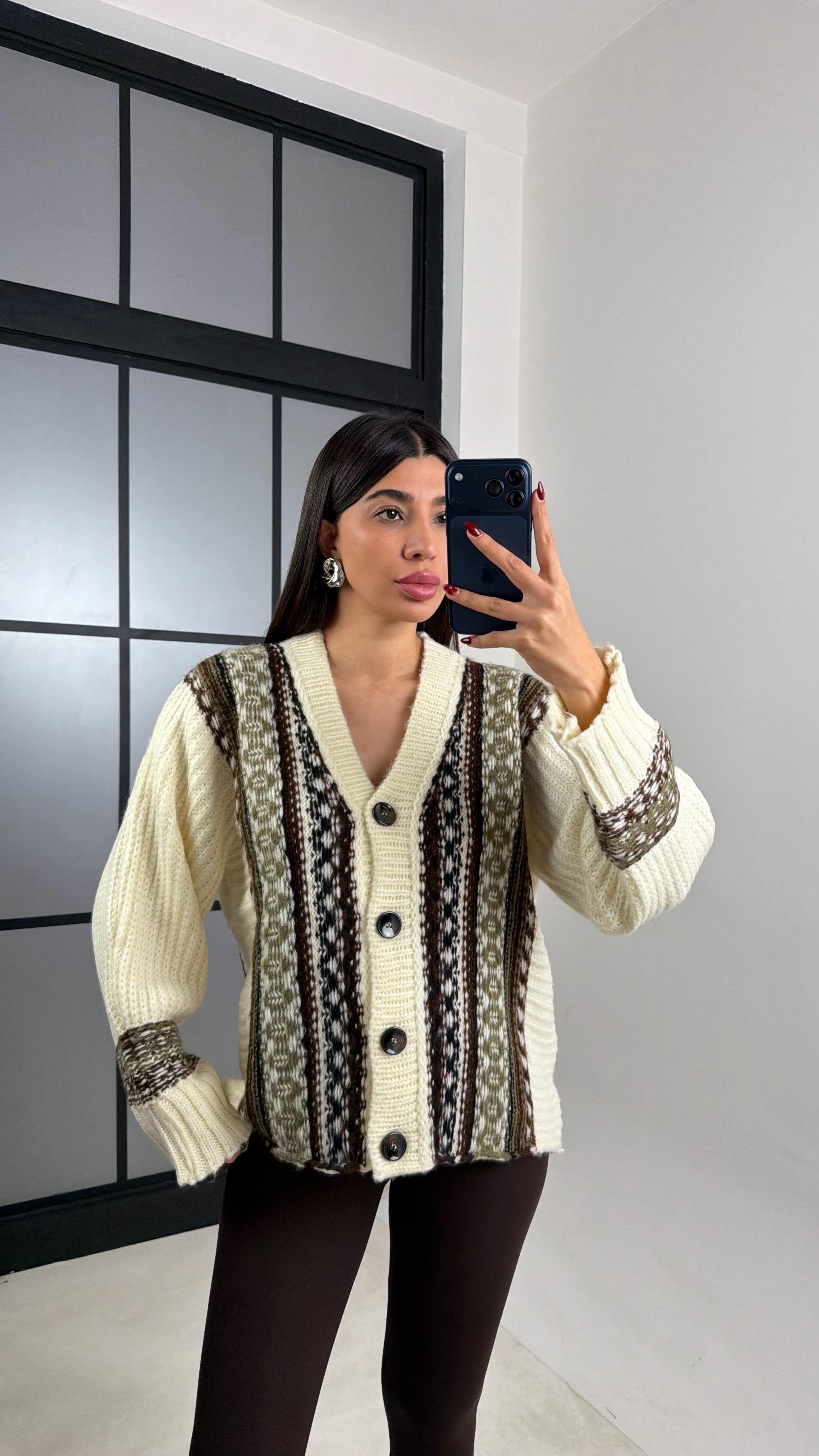 Ekru Örgü Desenli Triko Hırka GAUS-00690GAUSHIRKAGAUS-00690