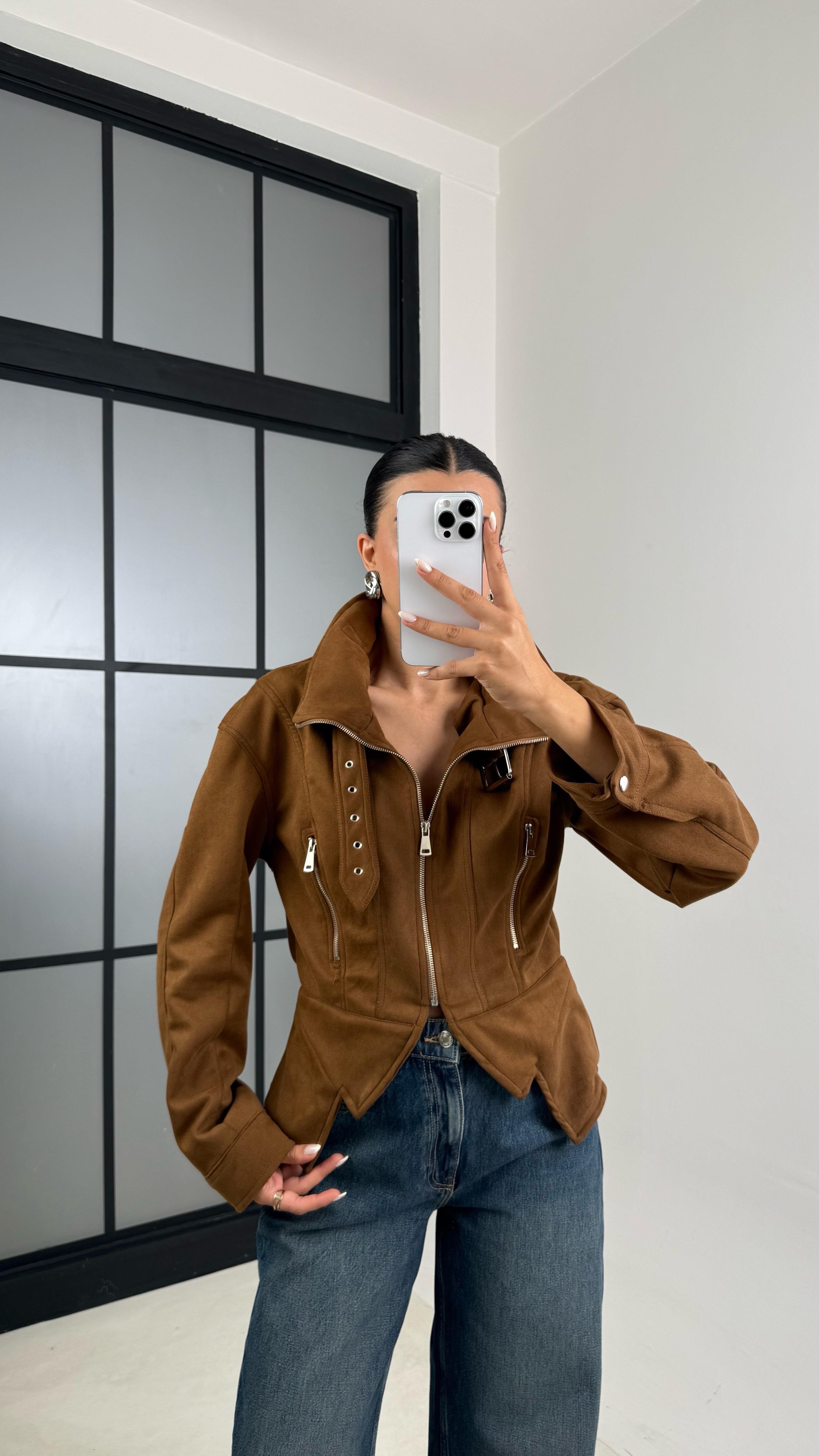 Camel Dik Yaka Kemer Detaylı Premium Süet Ceket GAUS-00519GAUSCEKETGAUS-00519