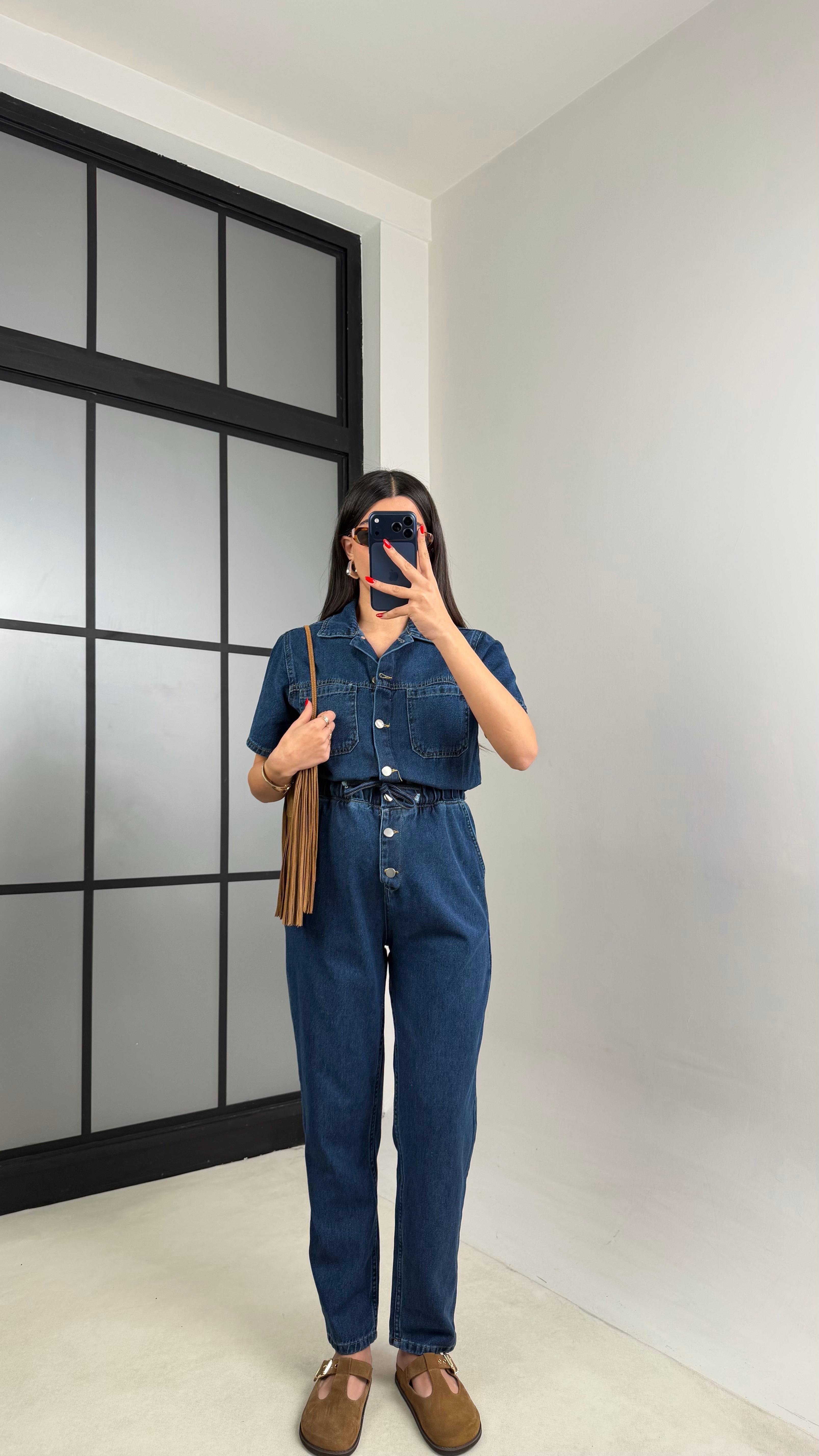 Mavi Beli Lastikli Düğme Detaylı Denim Tulum gaus-01208GAUS الأوفرول gaus-01208