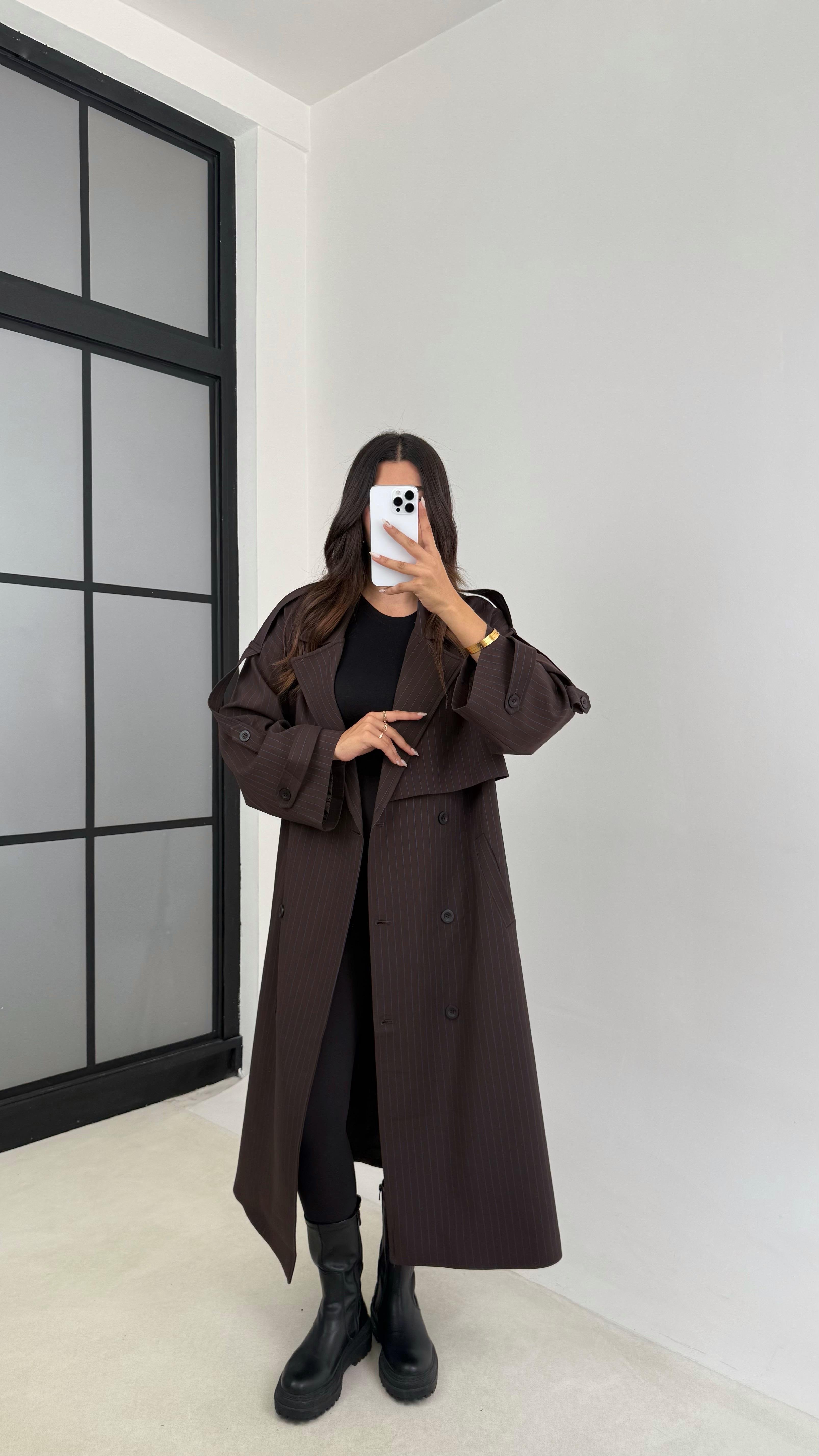 Kahve Mavi Çizgi Detaylı Kuşaklı Astarlı Premium Uzun Trençkot GAUS-00120GAUSTRENÇKOTGAUS-00120