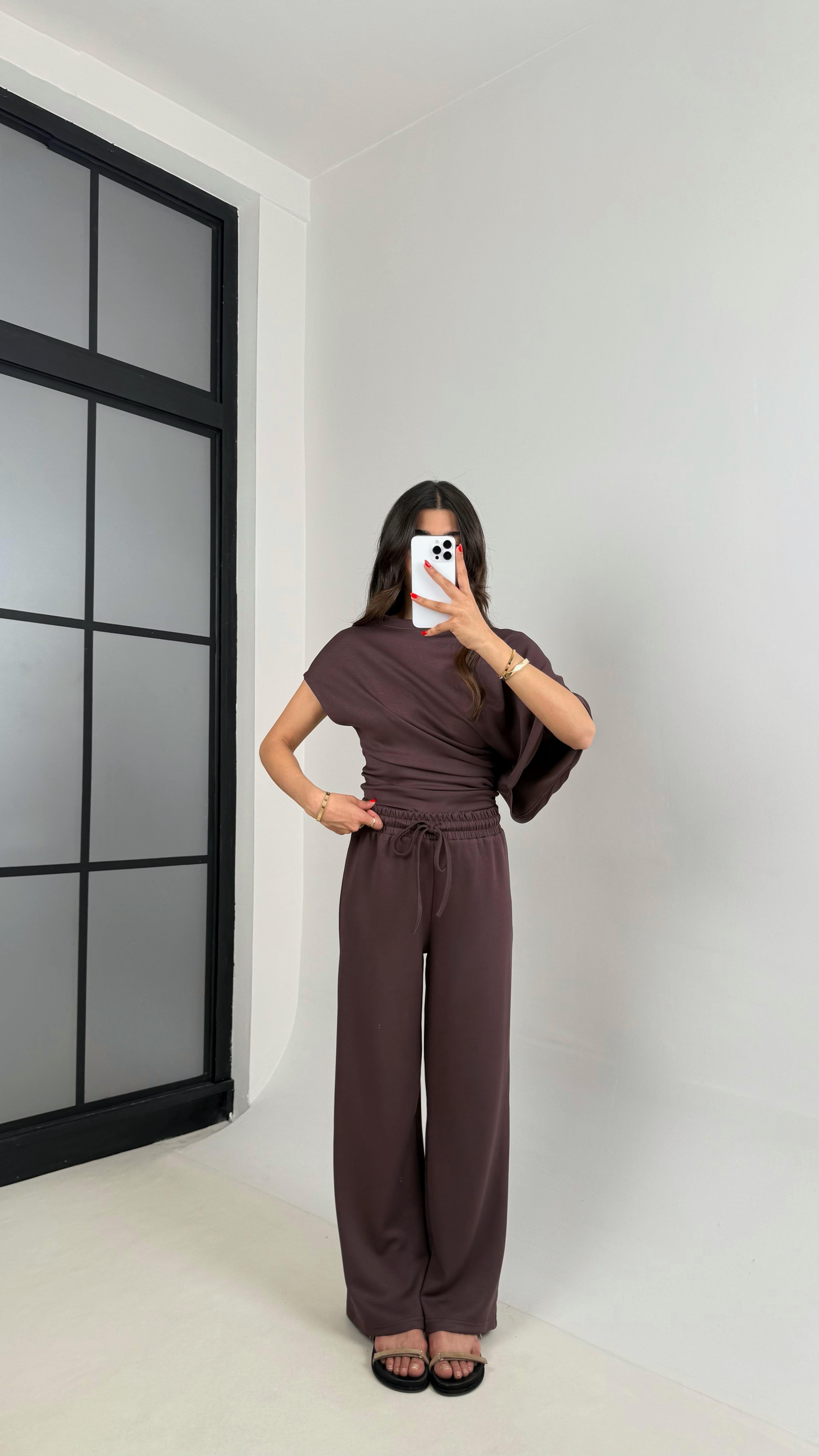 Acı Kahve Yarasa Kol Bluz Beli Lastikli Pantolon Tasarım Modal Kumaş Takım Gaus00490GausTAKIMGU1002150