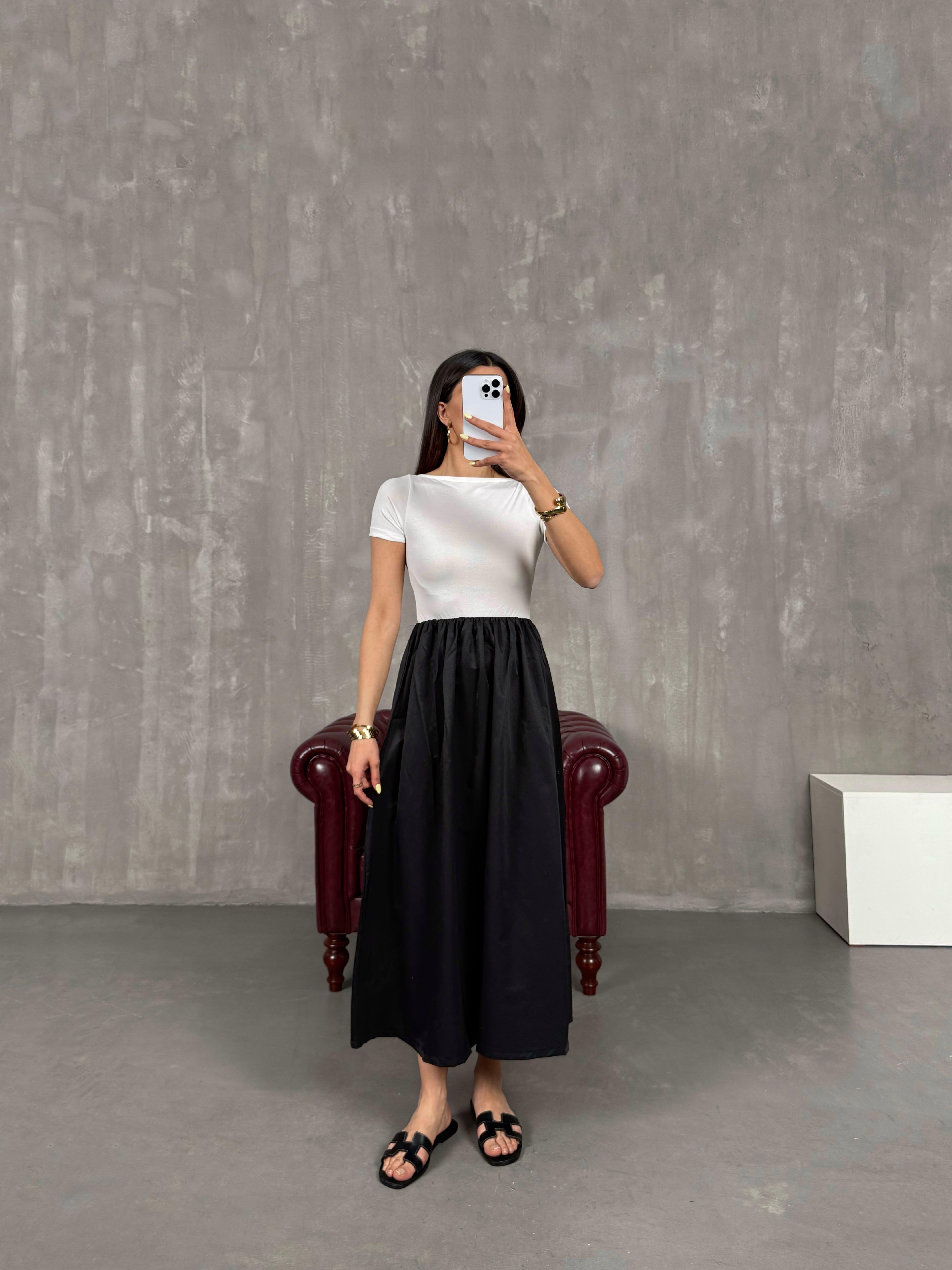 Siyah Kısa Kollu Renk Bloklu Elbise Gaus00124GausELBİSEGU1001281