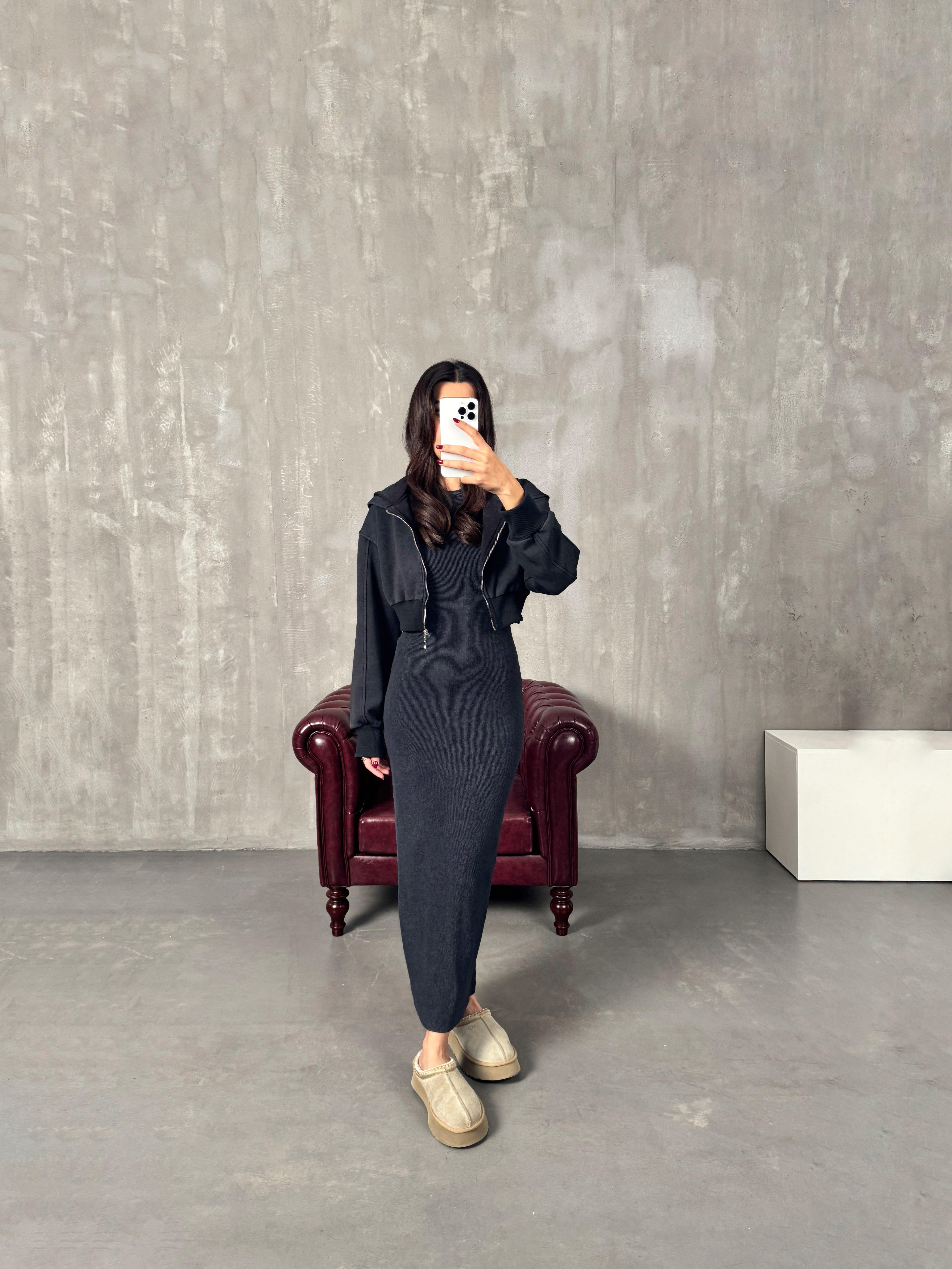 Lui Antrasit Eskitme Kapüşonlu Üst Fitilli Elbise İkili Takım