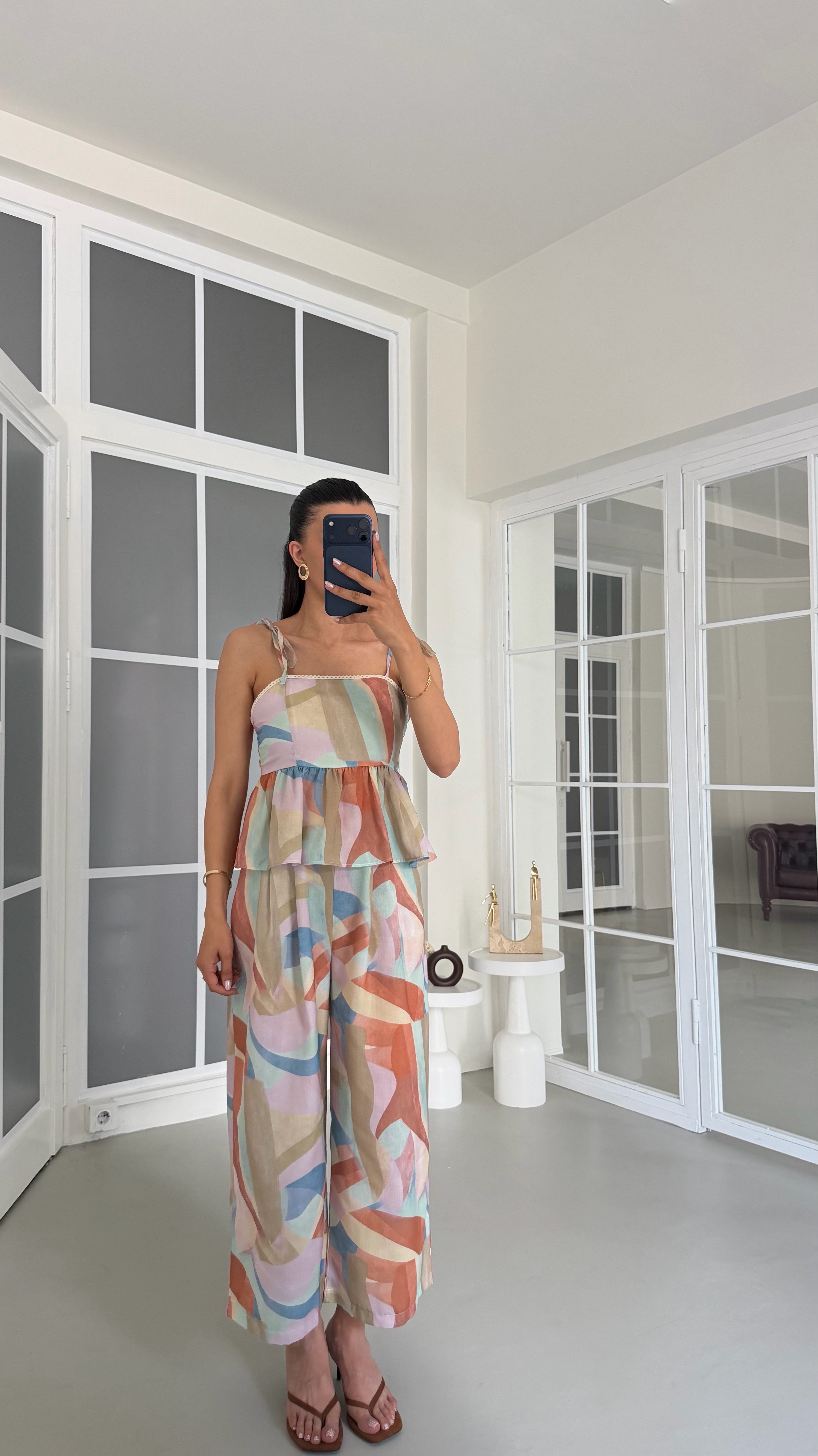 Çok Renkli Ayarlanabilir Askılı Beli Lastikli Crop Pantolon İkili Desenli Takım GAUS-01749GAUSTAKIMGAUS-01749