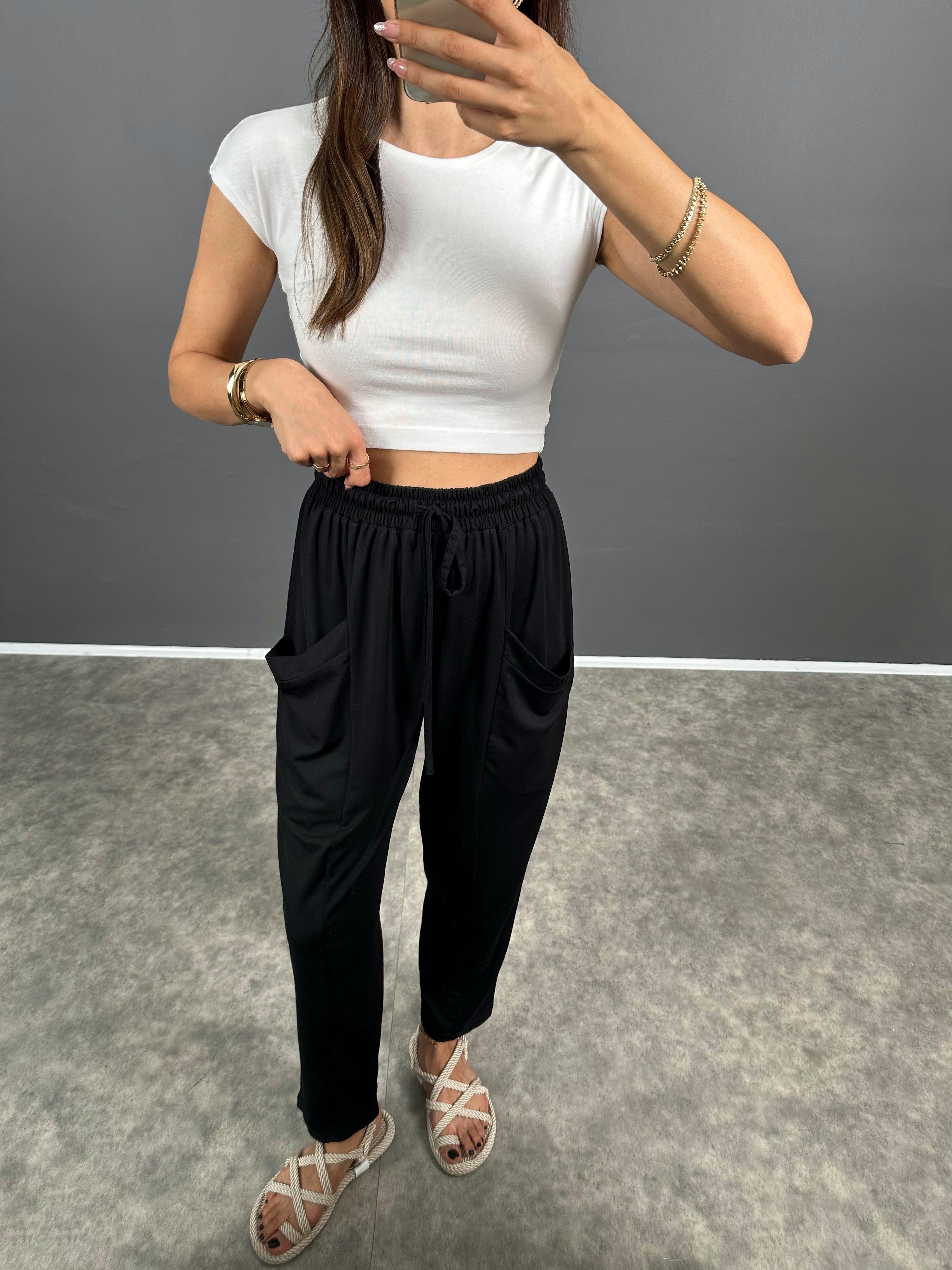 Pilea Beli Lastikli Önden Cepli Rahat Kumaş Siyah Şalvar Pantolon