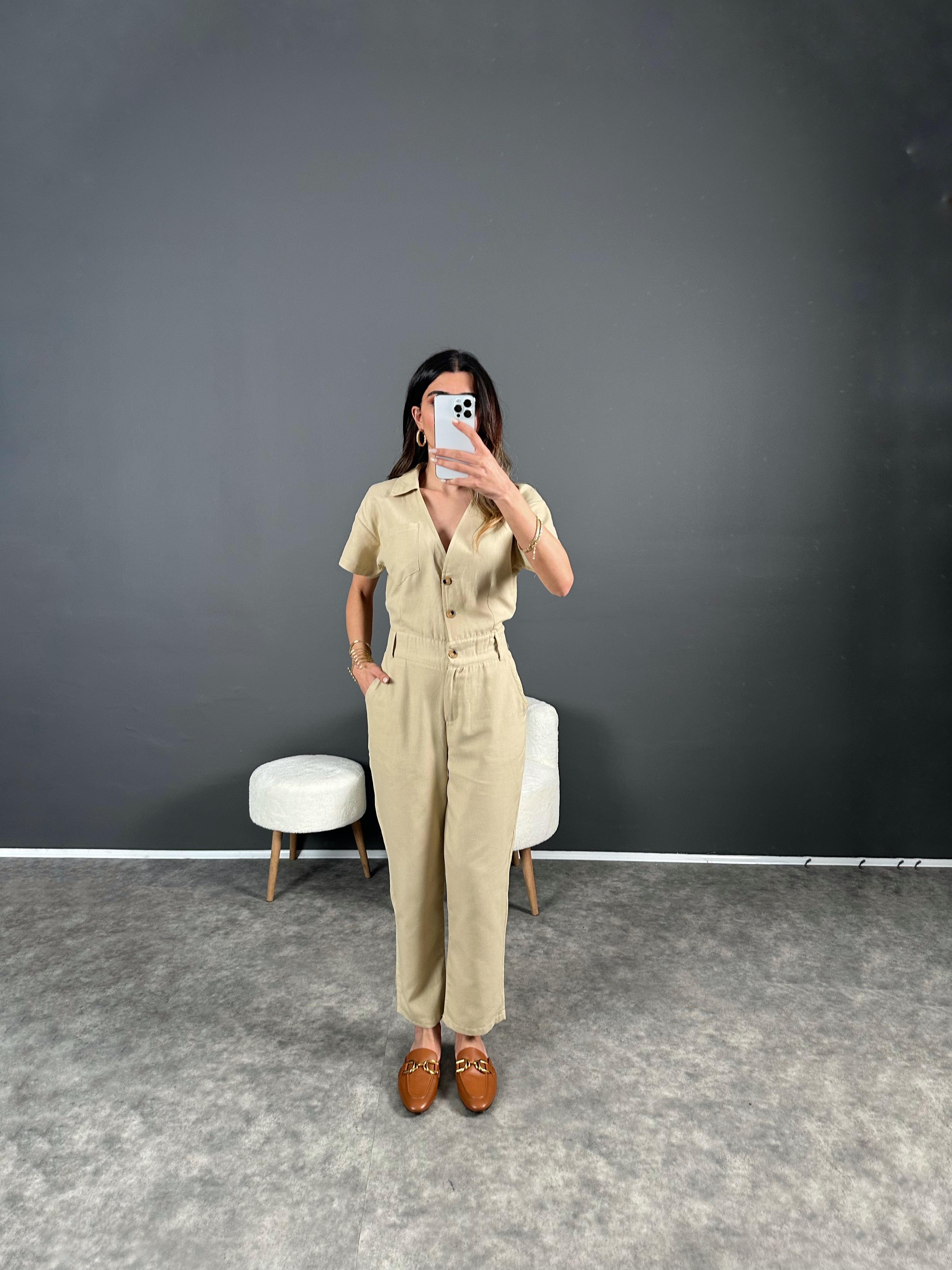 Holi Bej Arkası Lastikli Premium Keten Tulum GausTULUMGU004560