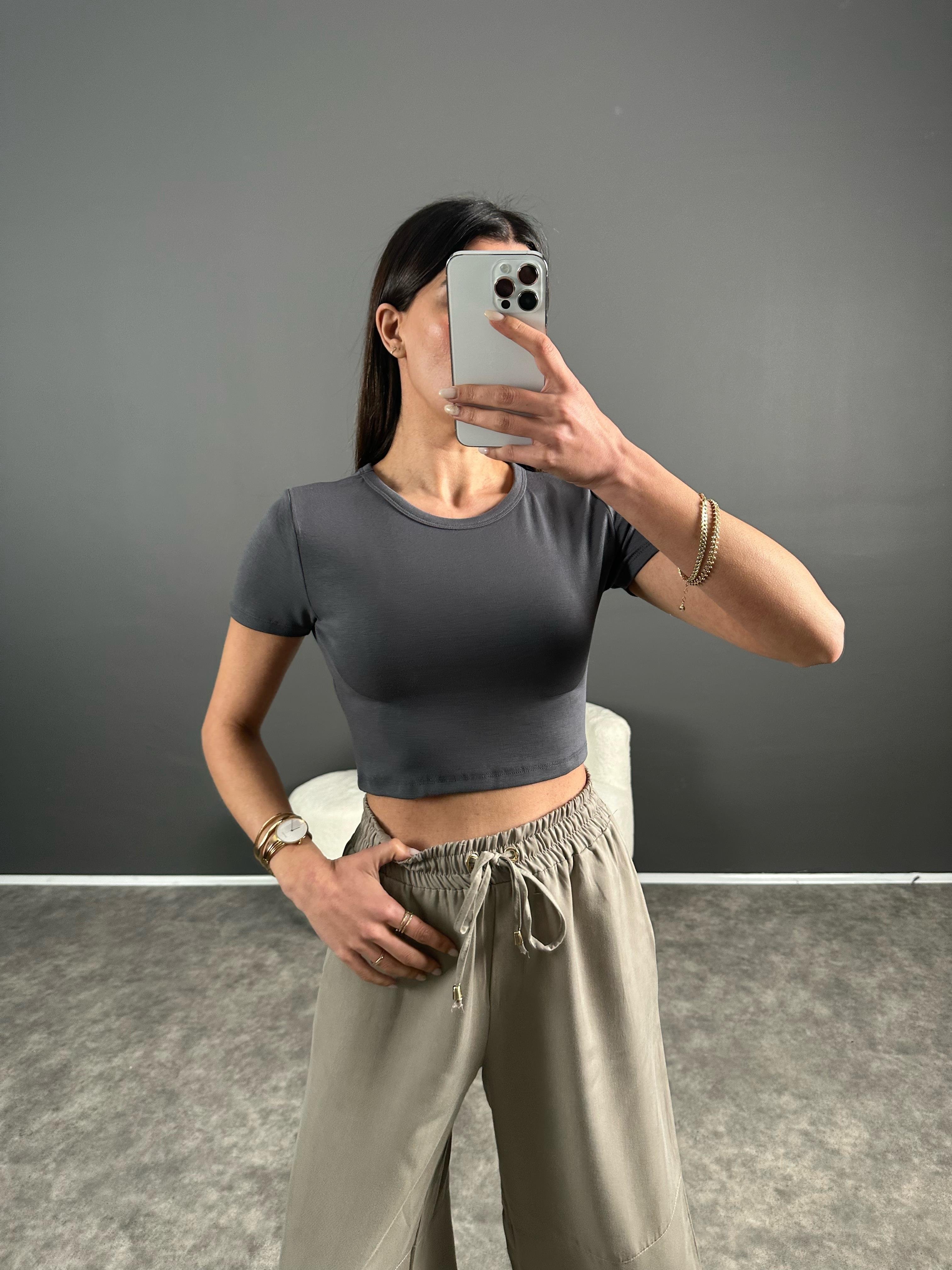 Ales Antrasit Crop Basic Tshirt