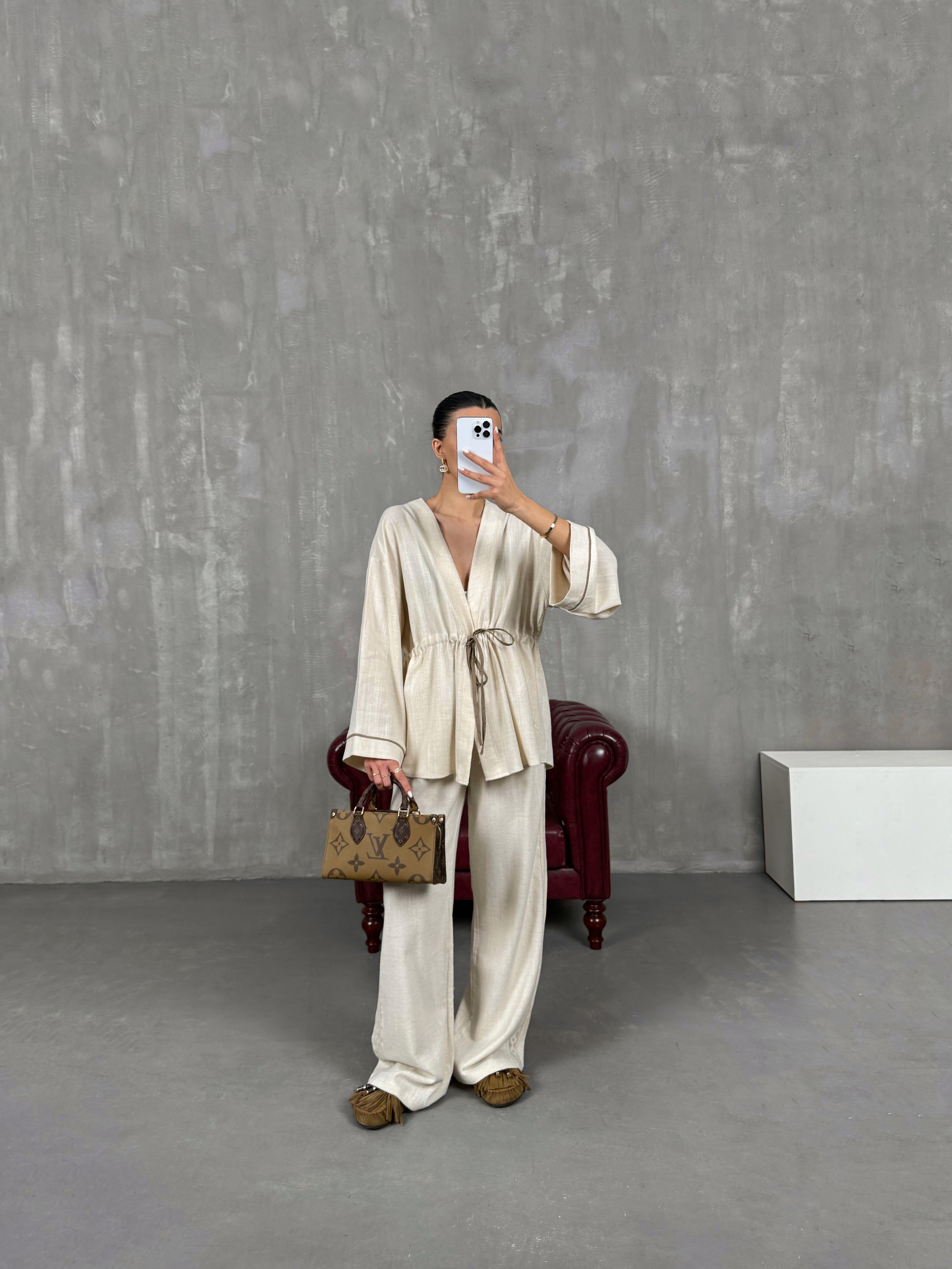 Taş Bağlamalı Keten Kimono Takım Gaus00034