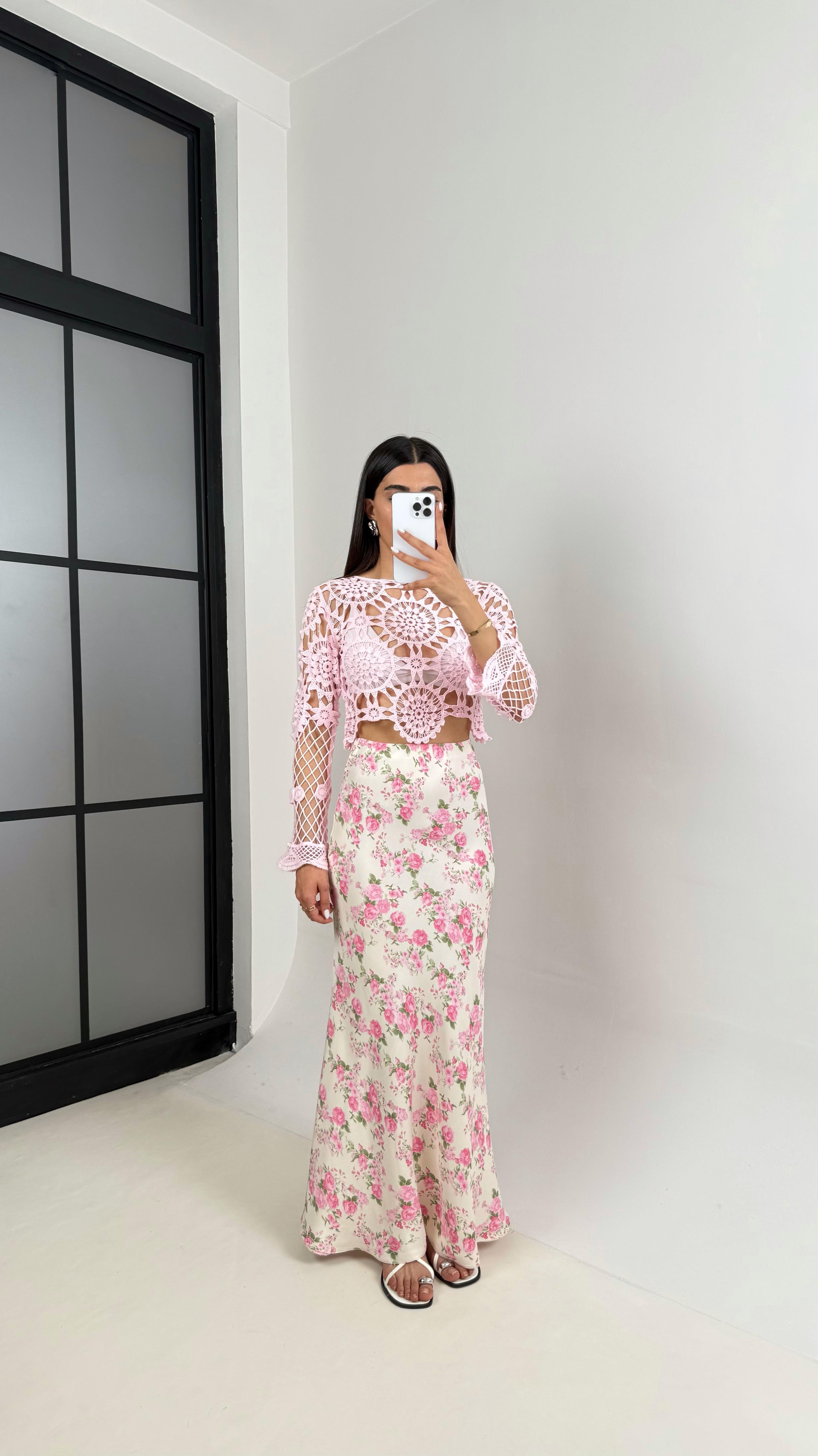 Pembe Çiçek Desenli Saten Etek Gaus00413GausETEKGU1001967