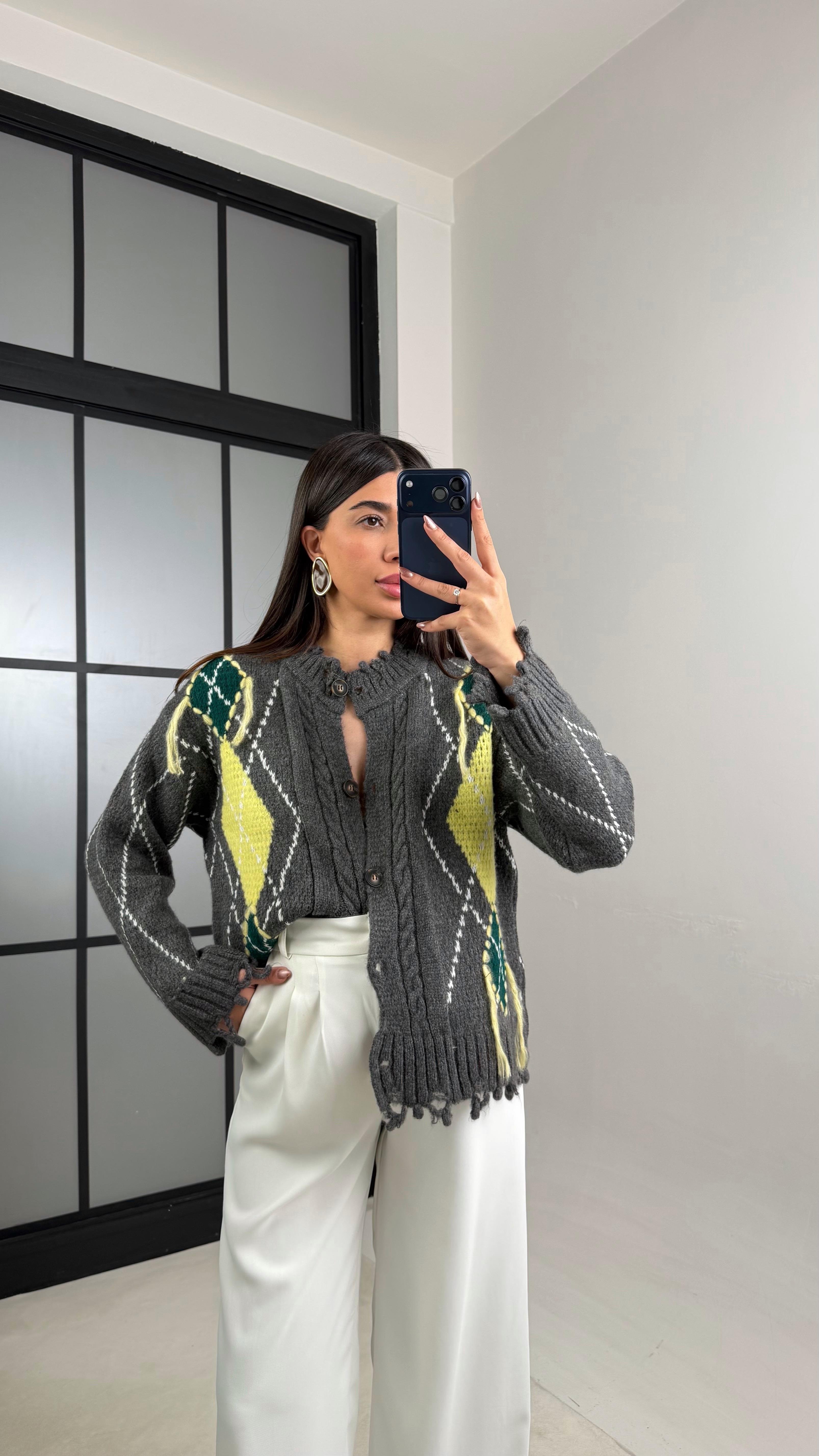 Antrasit Baklava Desenli Saçaklı Hırka GAUS-01125GAUSHIRKAGAUS-01125