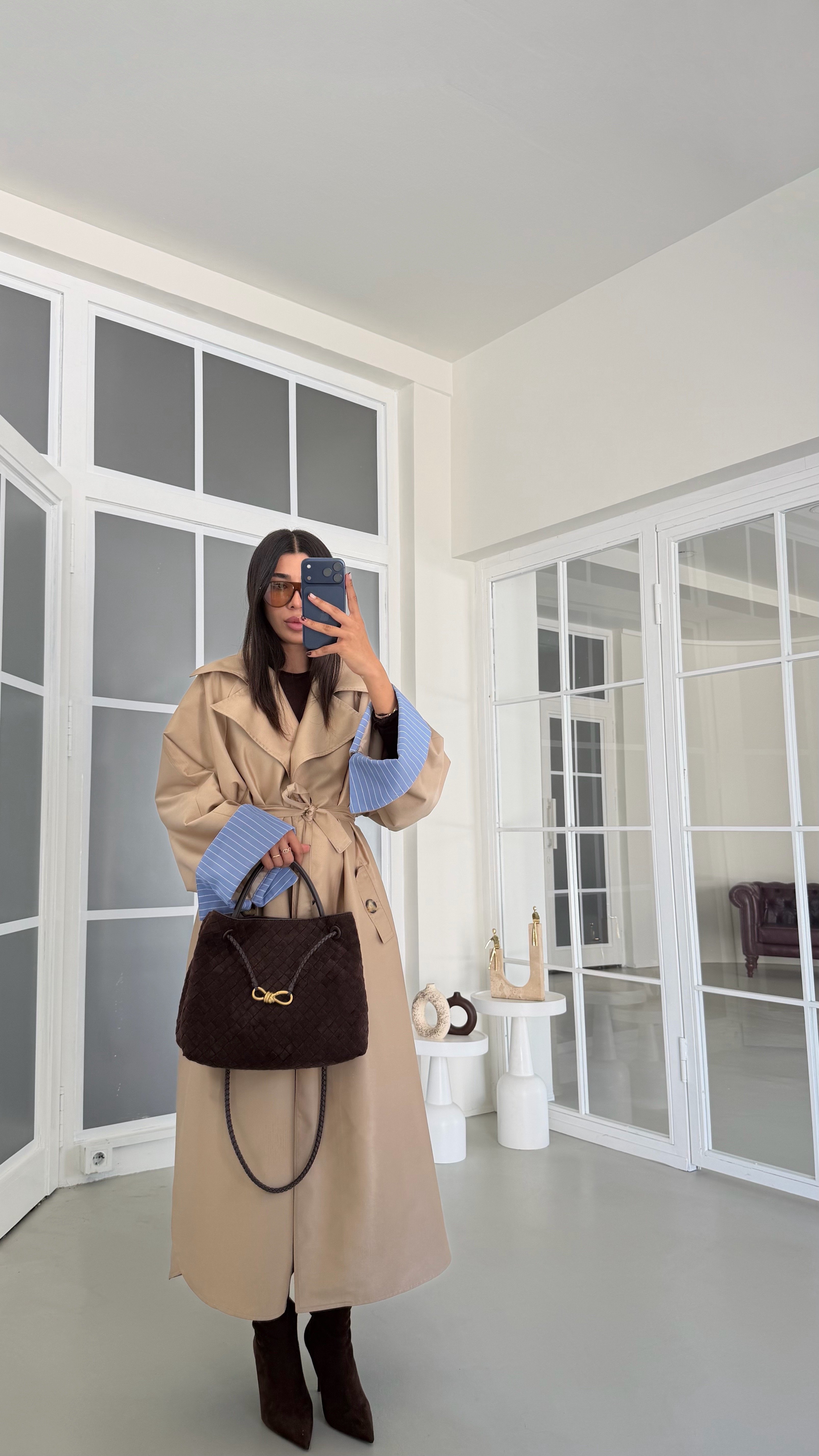 Camel Çizgi Astarlı Kuşaklı Premium Trençkot GAUS-01942GAUSTRENÇKOTGAUS-01942