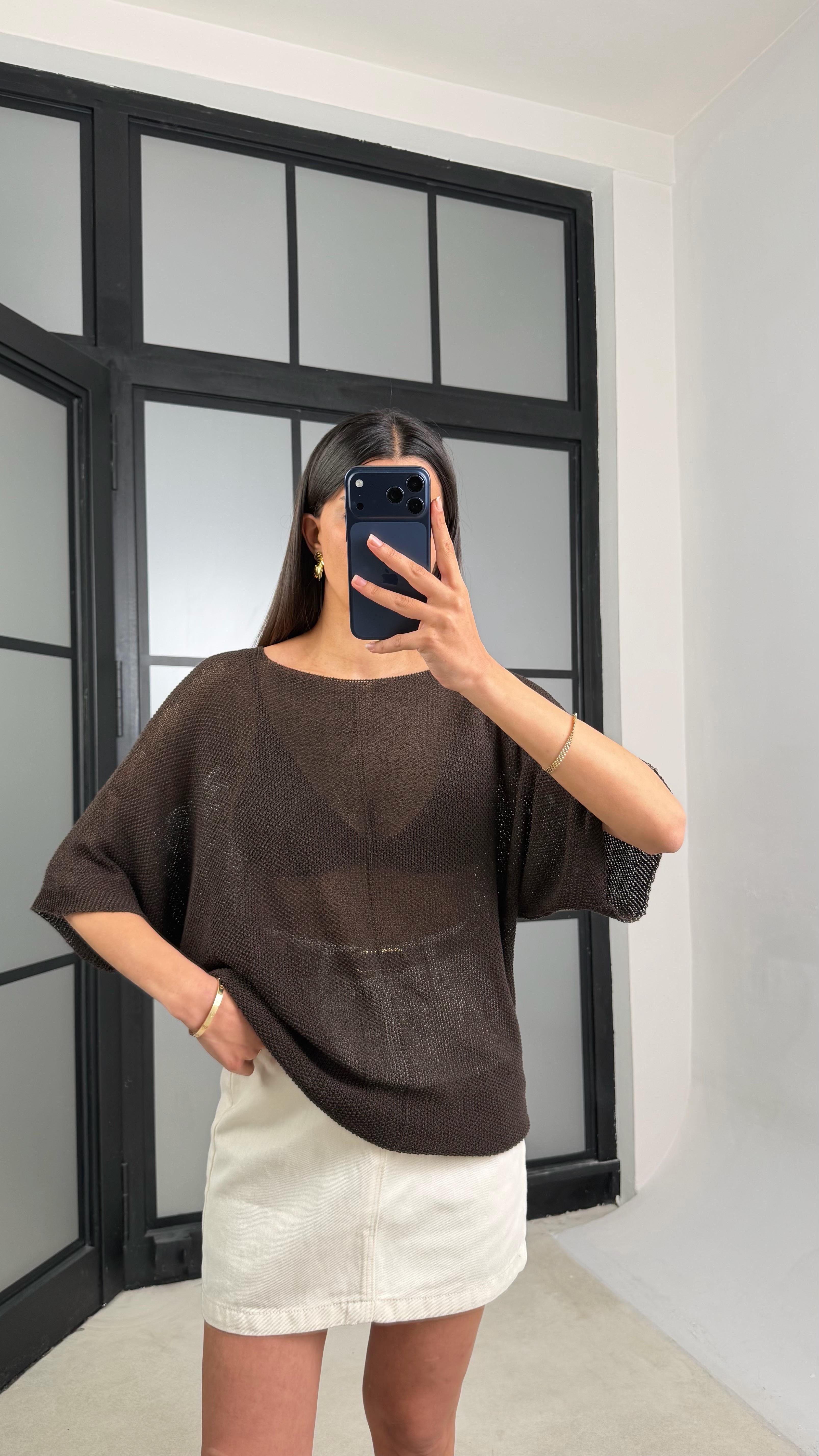 Acı Kahve Yarasa Kol Ajurlu Triko Bluz GAUS-01443GAUSBLUZGAUS-01443