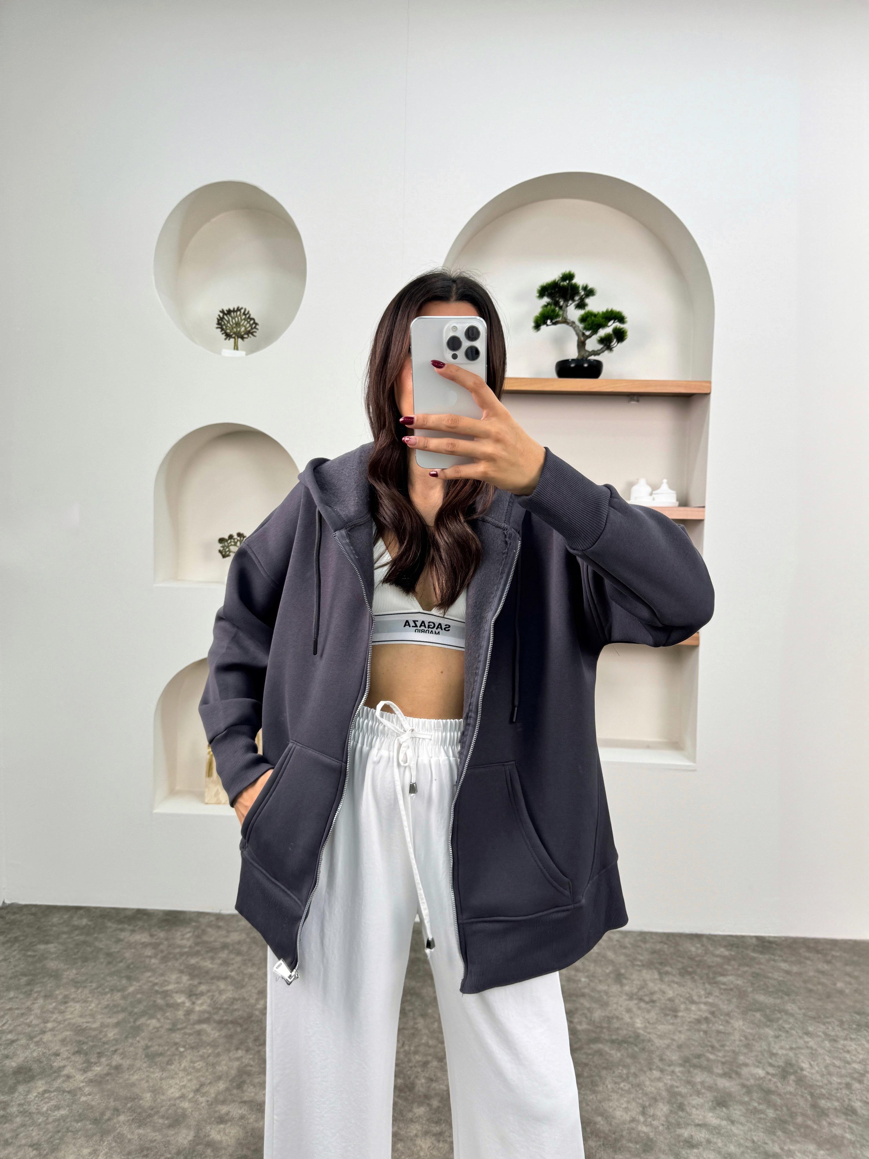 Khloe Antrasit Üç İplik Şardonlu Kapüşonlu Fermuarlı Sweatshirt