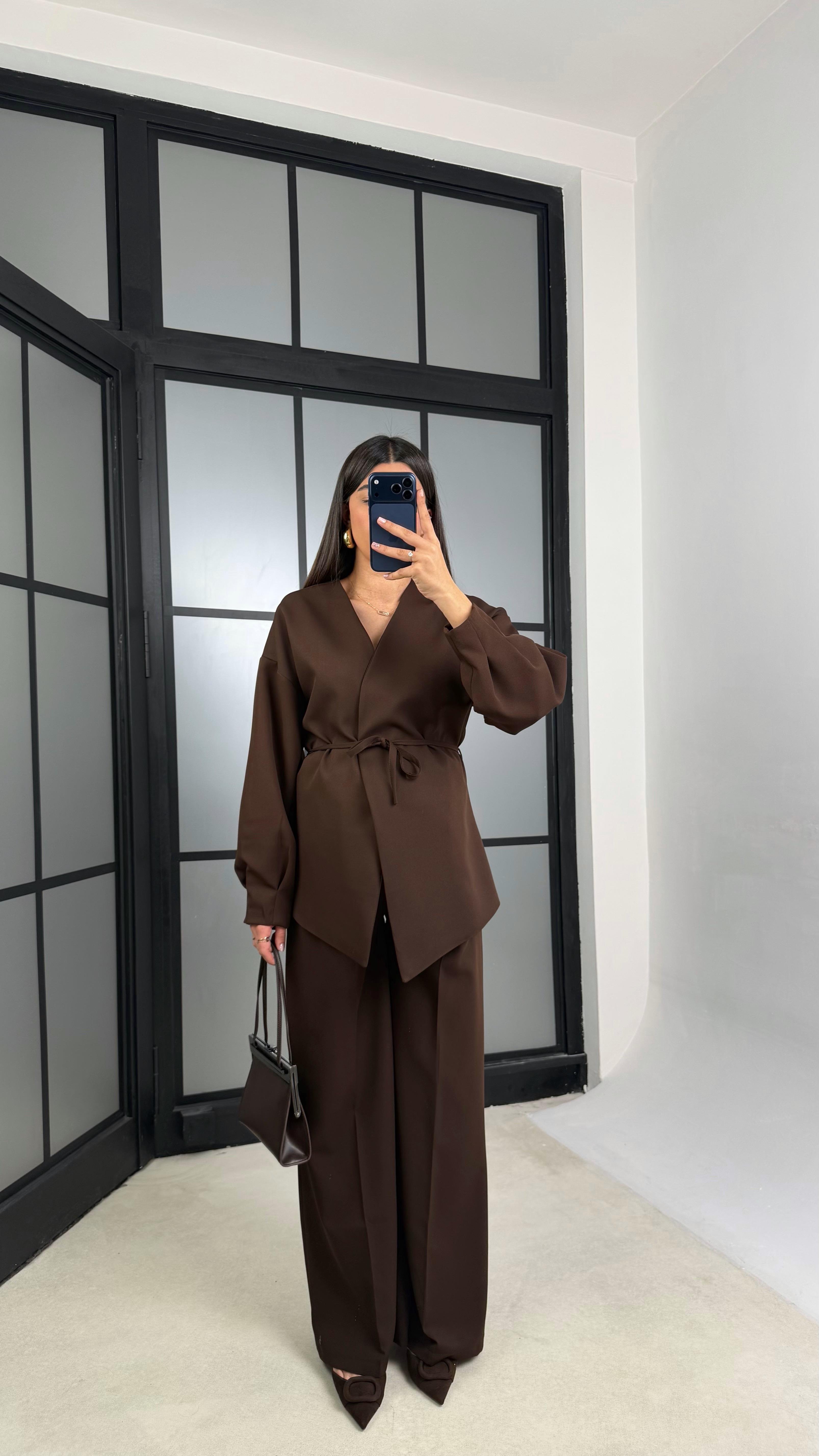 Kahve Belden Kuşaklı Ceket Beli Lastikli Pantolon İkili Takım GAUS-01206GAUSSuitsGAUS-01206