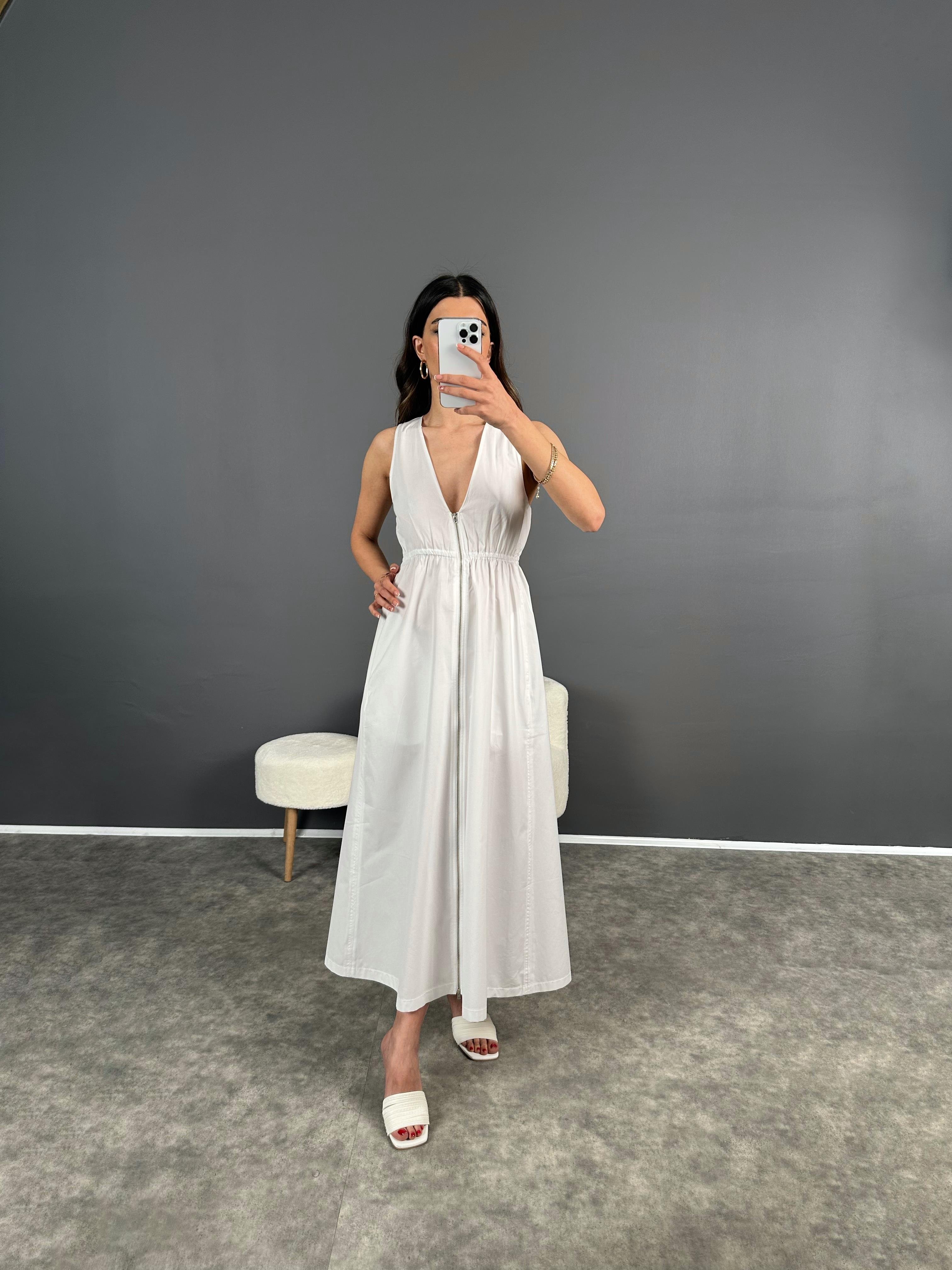 Beyaz Derin V Yaka Çift Fermuarlı Elbise 