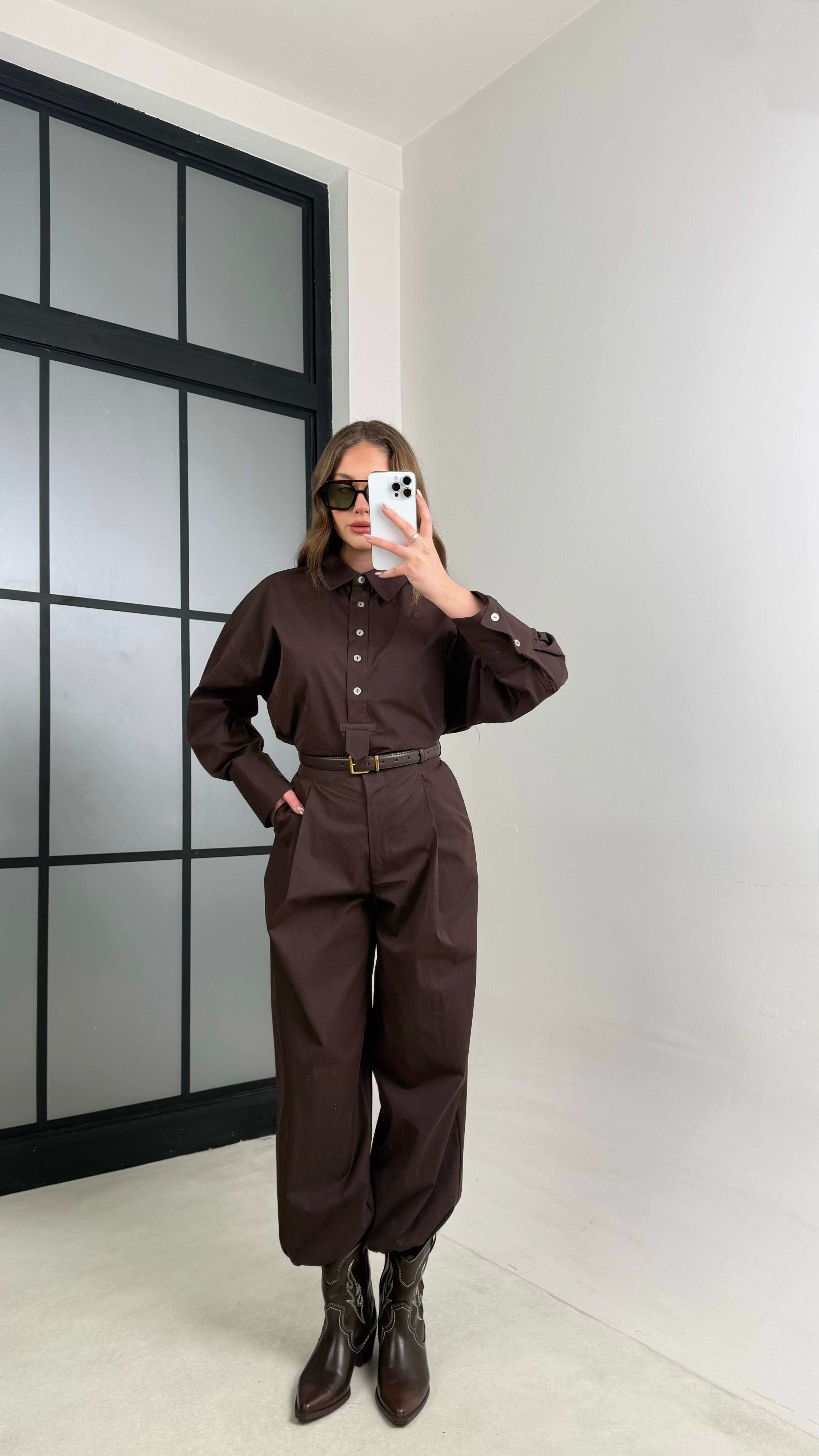 Acı Kahve Gömlek Paça Lastikli Pantolon İkili Takım GAUS-01114GAUSTAKIMGAUS-01114