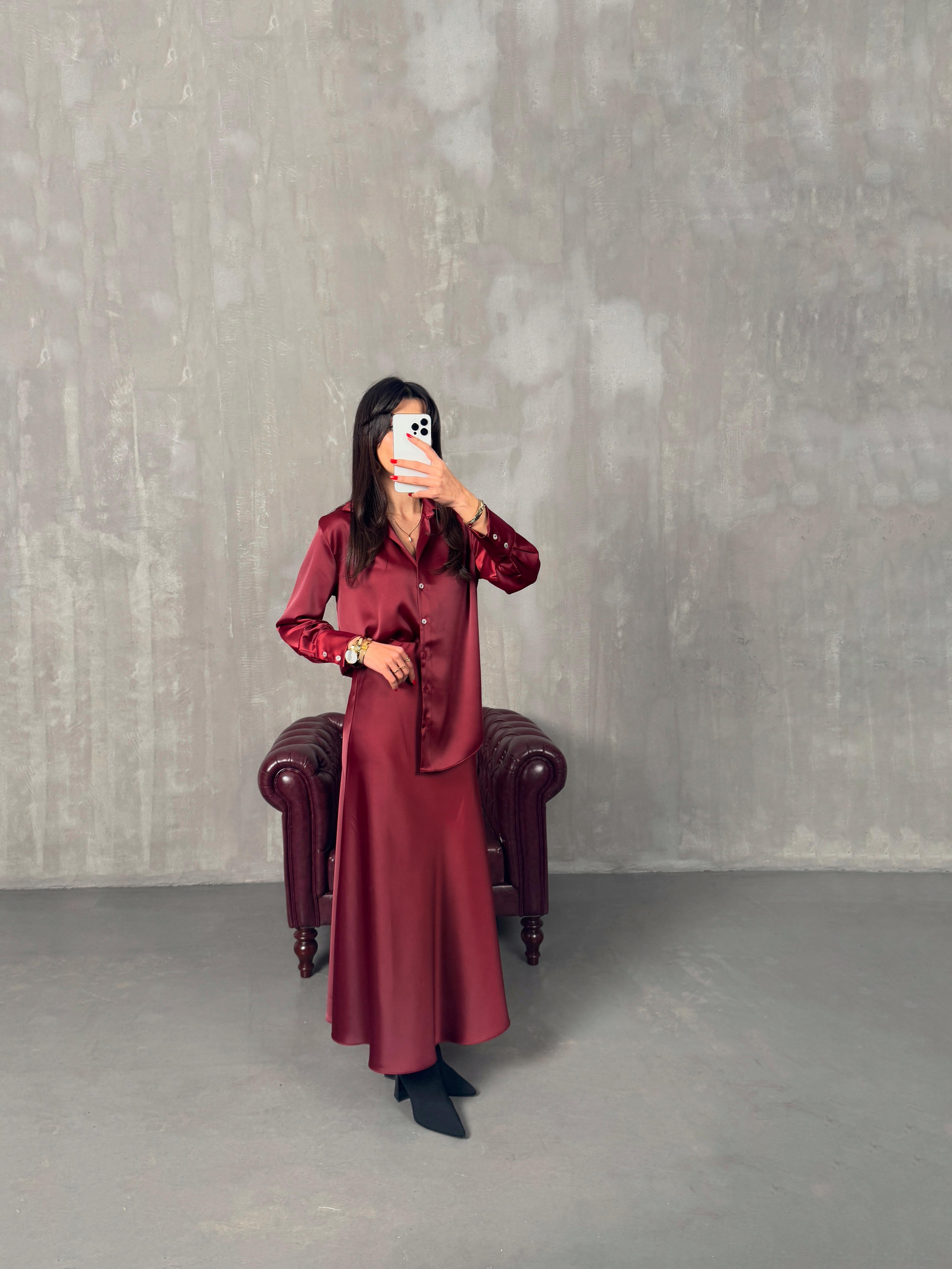 Jade Bordo Saten Gömlek Etek TakımGausTAKIMGU00904321