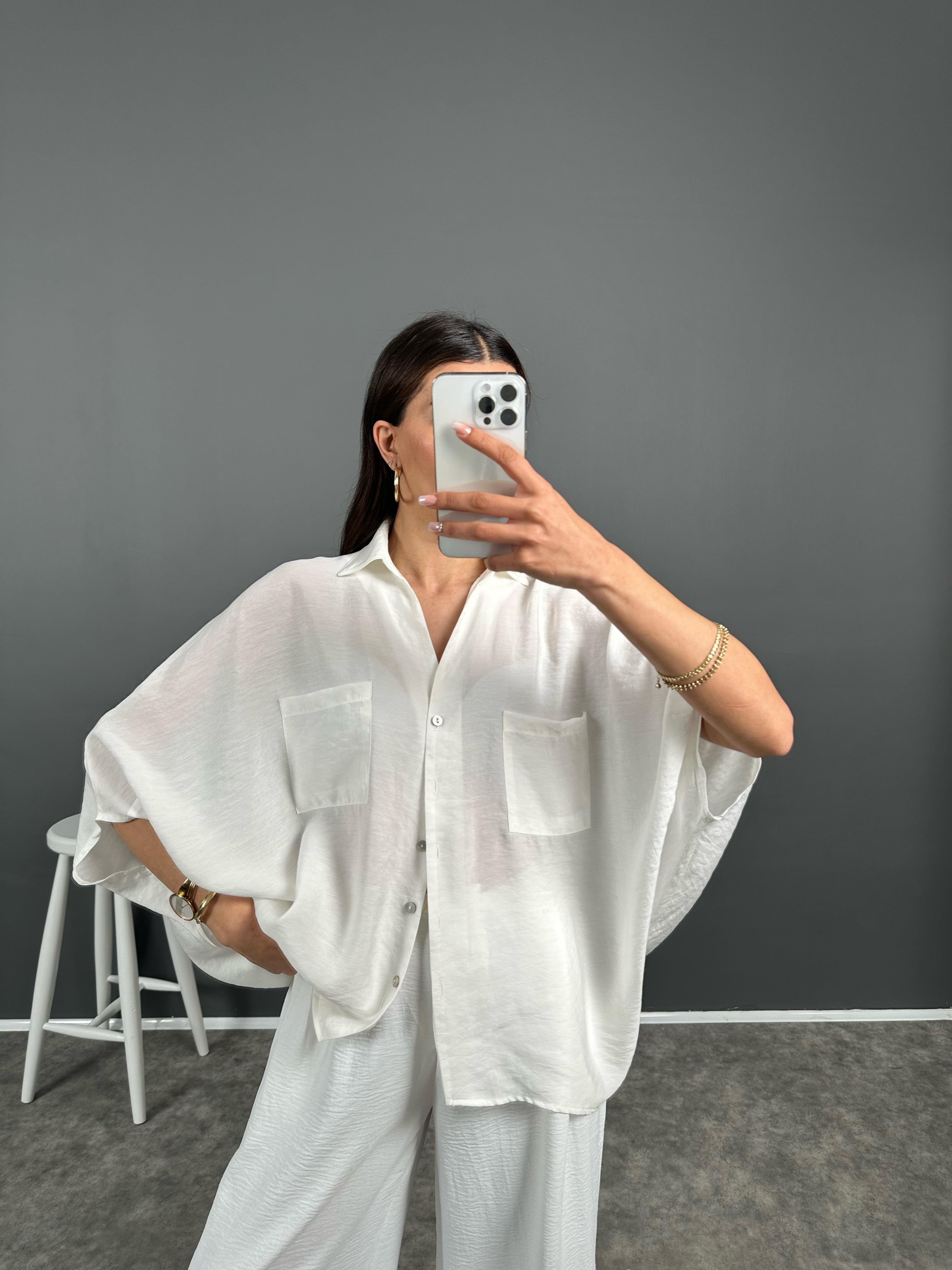 Beyaz Premium Yarasa Kol Gömlek 