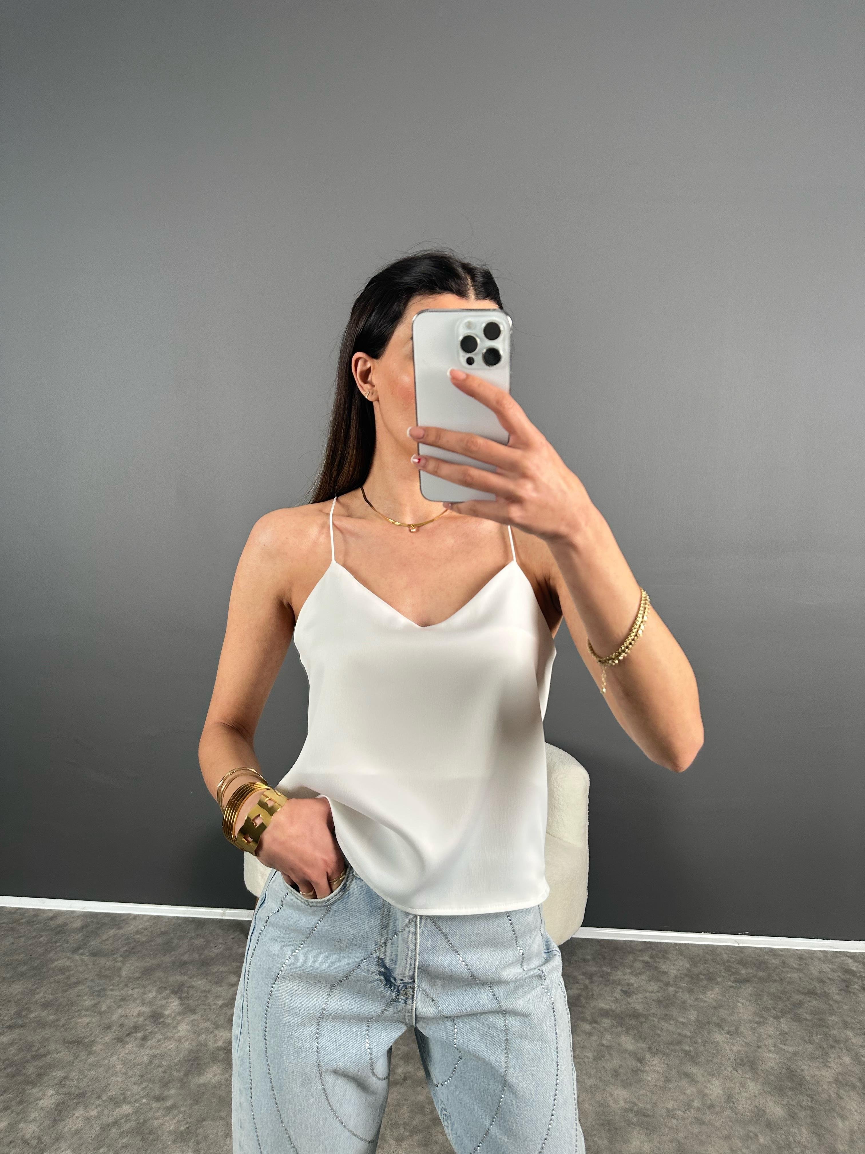 Beyaz Saten İp Askılı Basic Bluz