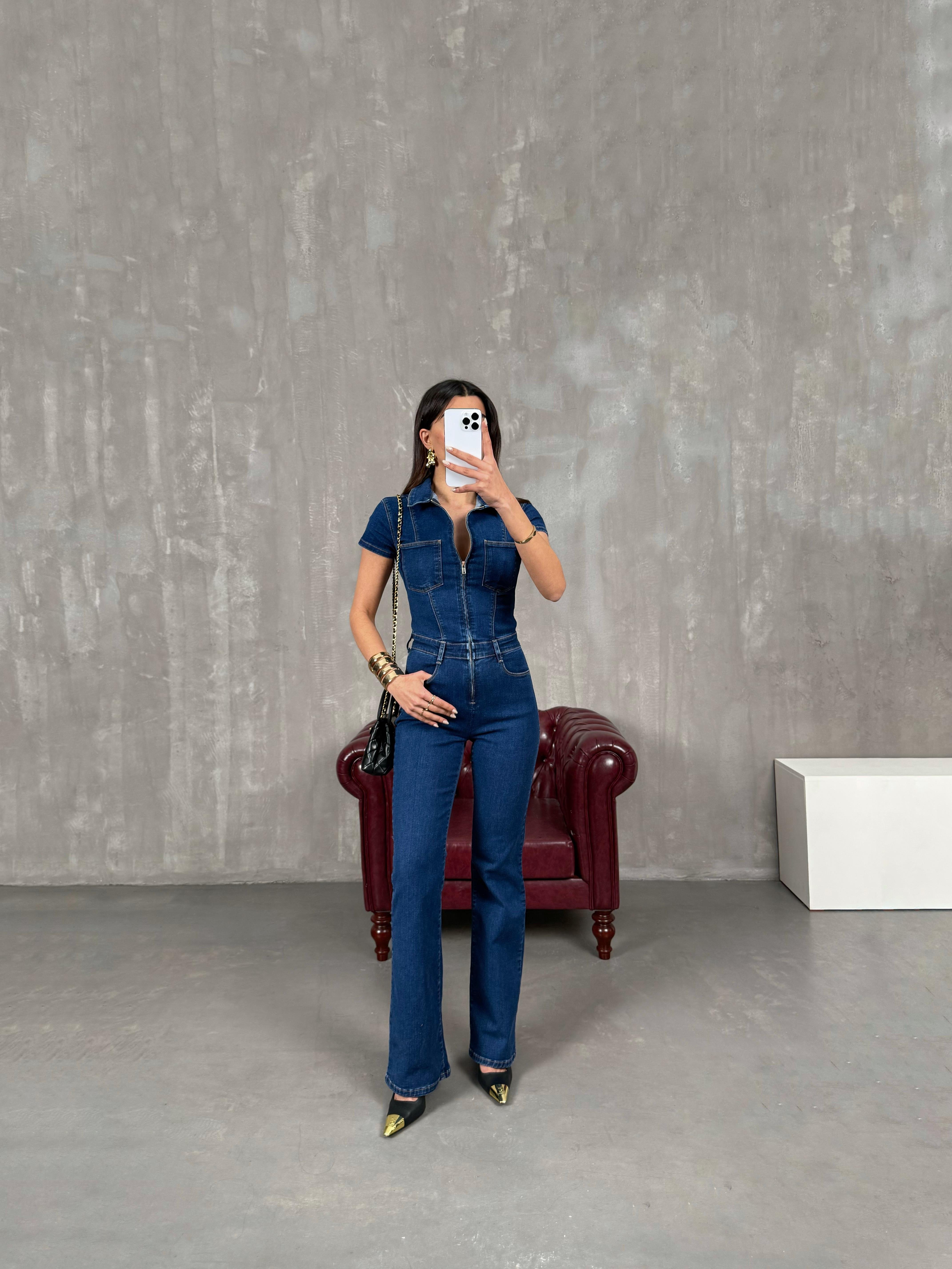 Milen Mavi Fermuarlı Gabardin TulumGausTULUMGU100802