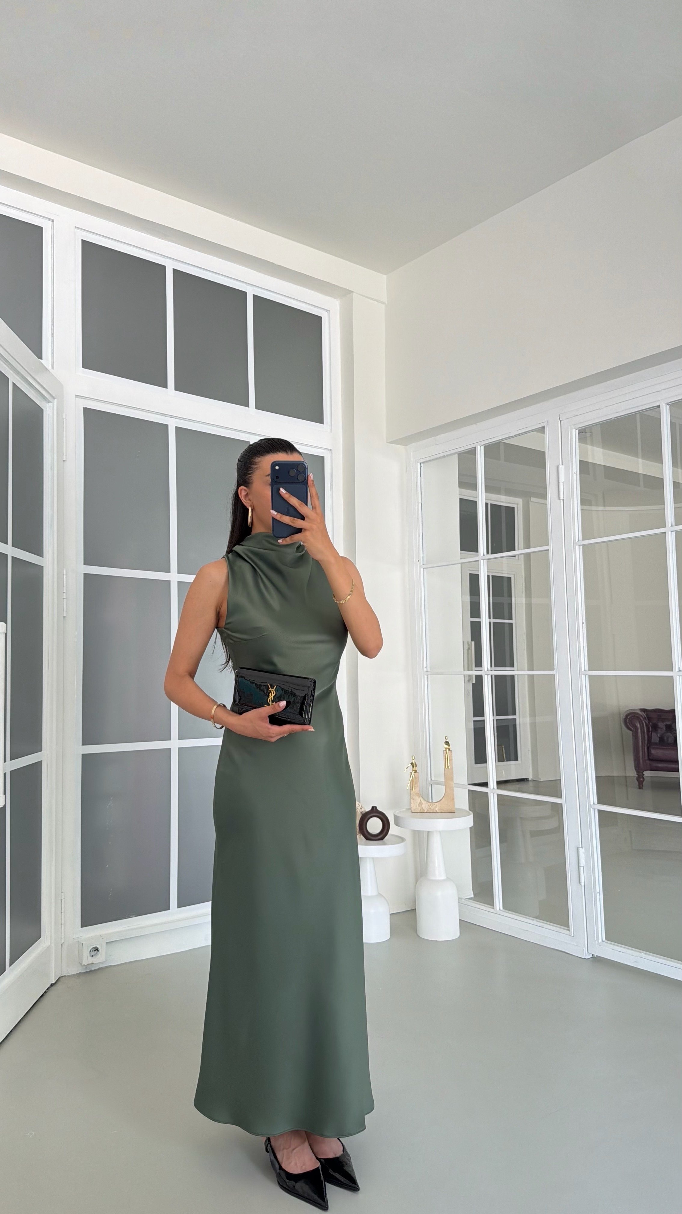 Yeşil Degaje Yaka Saten Elbise GAUS-01762GAUSELBİSEGAUS-01762